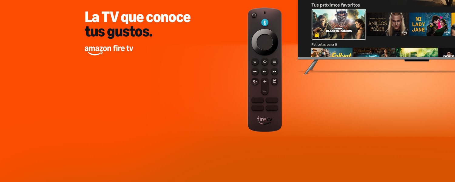 Mando de Amazon Fire TV junto a un televisor mostrando recomendaciones de contenido. El texto dice: "La TV que conoce tus gustos."
