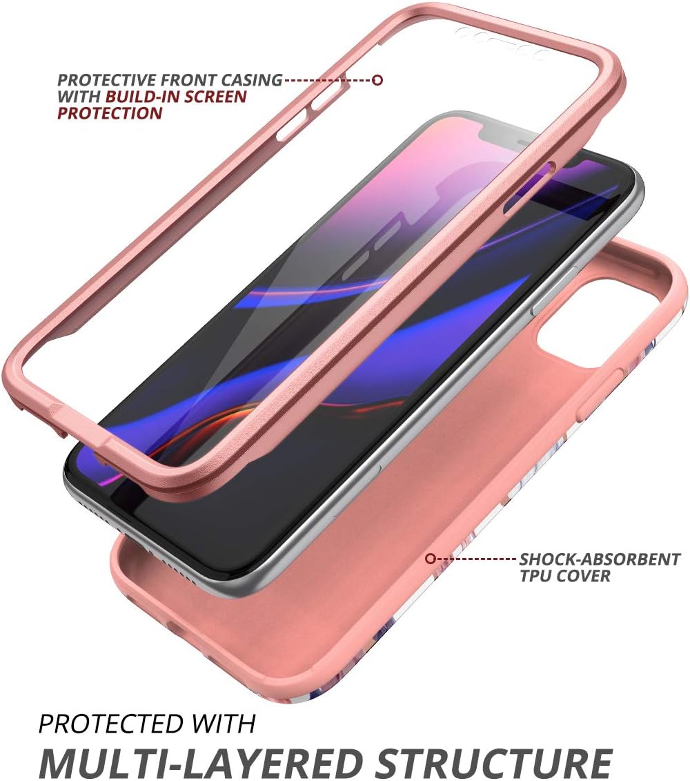 SURITCH iPhone 11 Case, [Built-in Screen Protector] Marble Hybrid Full-Body Heavy Duty Protection Dual Layer Glossy Floral Flower Shell Shockproof TPU Bumper Case for iPhone 11 6.1" Rose Marble