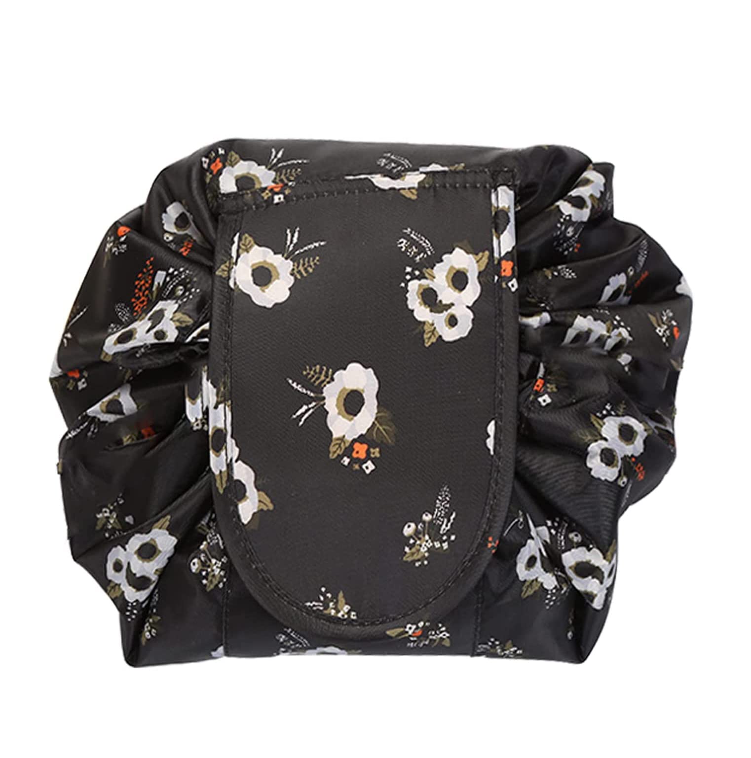 House of Quirk Lazy Cosmetic Multifunction Bag Drawstring Makeup Pouch Makeup Bags Toiletry Organizer For Women (Black Flower), 7.9 Cm, Large