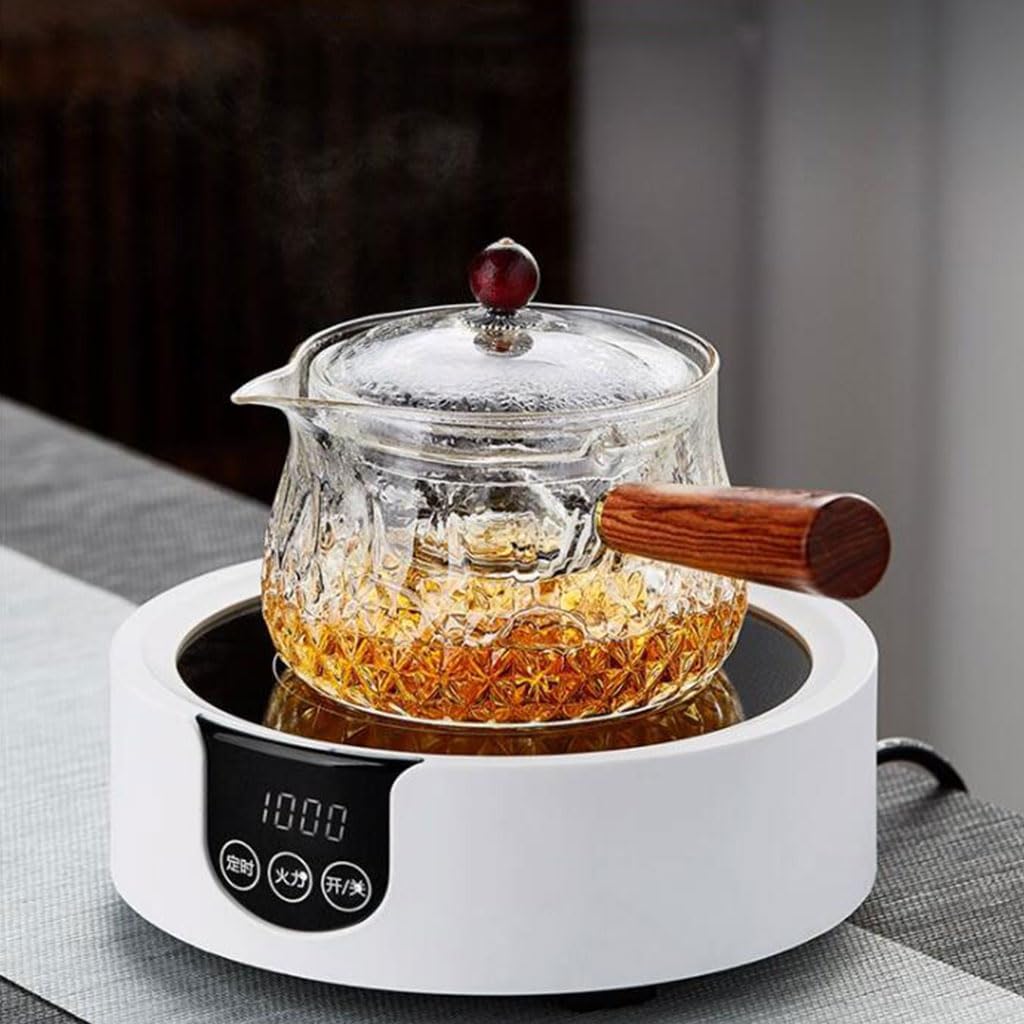 Glas-Teekanne für Zuhause mit rotierendem Einsatz, Teebereiter, großes Fassungsvermögen, Seitengriff, Teekessel, Teeset, 800 ml