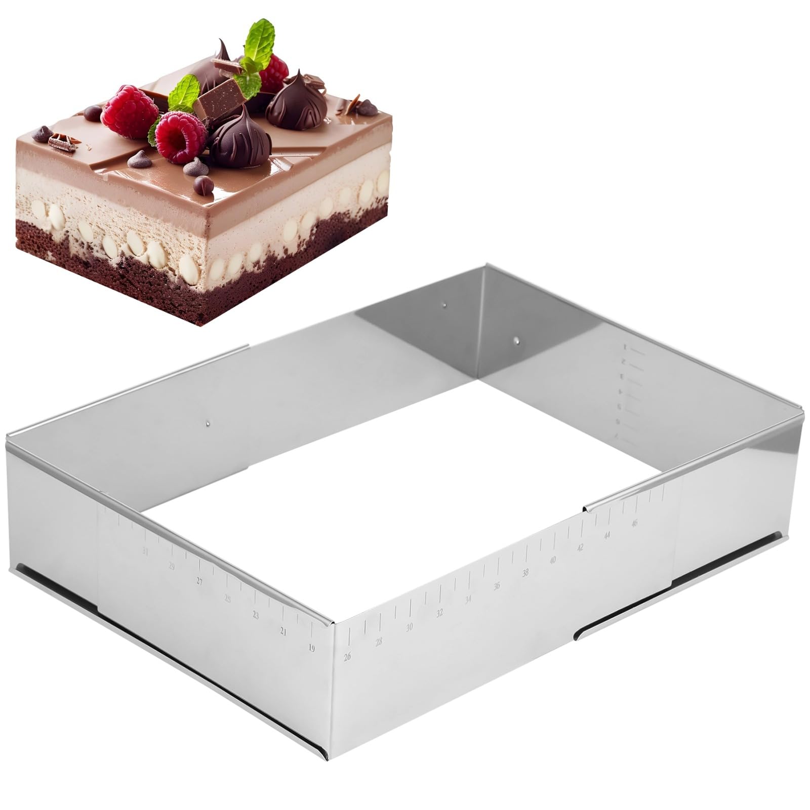 Verstellbarer rechteckiger Tortenring aus Edelstahl, Mousse-Kuchenringform für Tiramisu, ausziehbarer Rahmen mit präziser Skala, zum Backen von Kuchen, Gebäck und Schichtdesserts