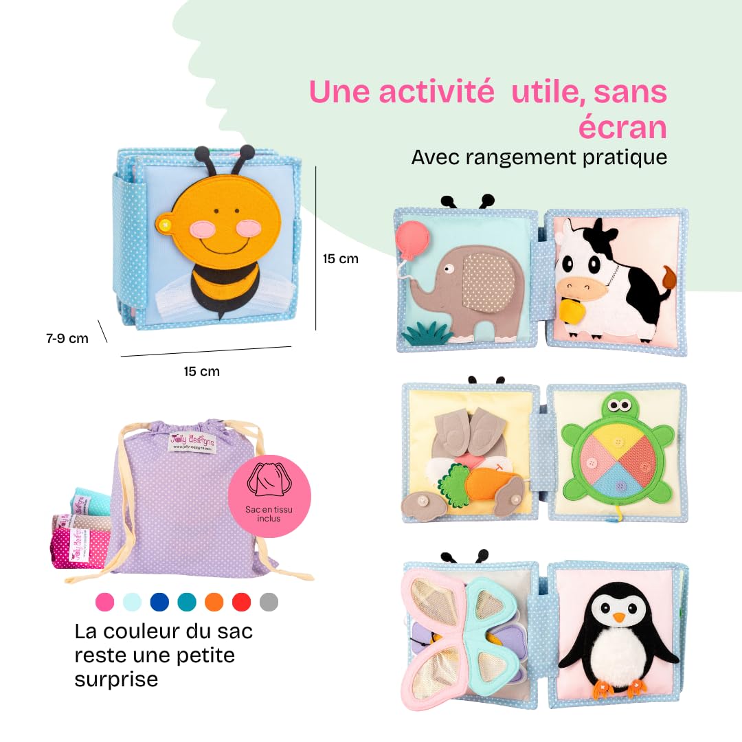 Jolly Design Mini Quiet Book Petite Abeille – Jouet Montessori dès 6 Mois – Livre sensoriel & Livre Tissu pour bébé – Busy Book Fait Main avec 6 Pages d’activités – Jouet éducatif & de Voyage