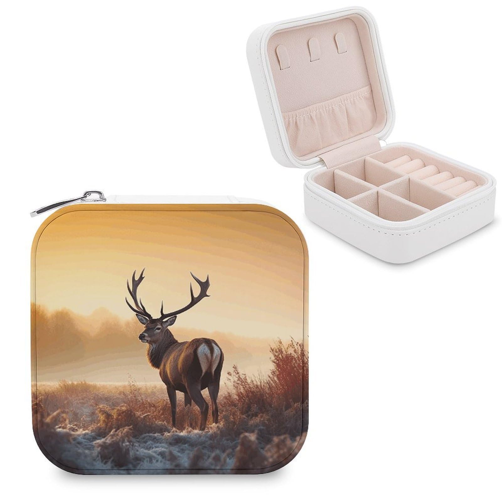 FekiLoot Landscape Deer Jewelry Case Personalized Leather Jewelry Box Mini Travel Jewelry Case Small Portable Jewelry Organizer for Ring Earrings Necklace Bracelet