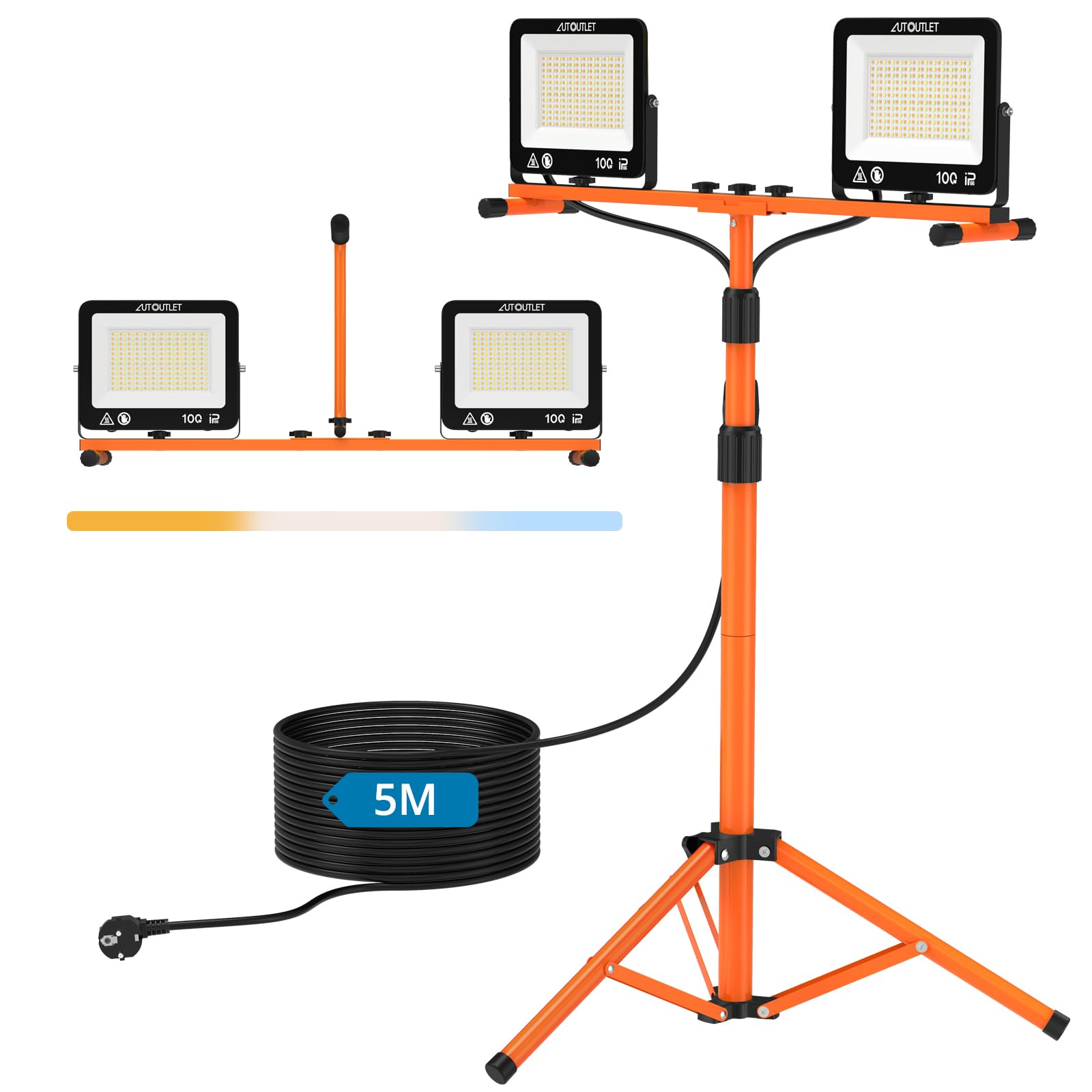 AUTOUTLET Baustrahler LED mit Stativ 200W, 3 Farbtemperaturmodi & 5M Kabel | 19000LM Baulampe, 3000K/5000K/6500K, 118-174cm Höhenverstellbar Stativ, IP66 Wasserdicht, Abnehmbar, für Garage Baustelle