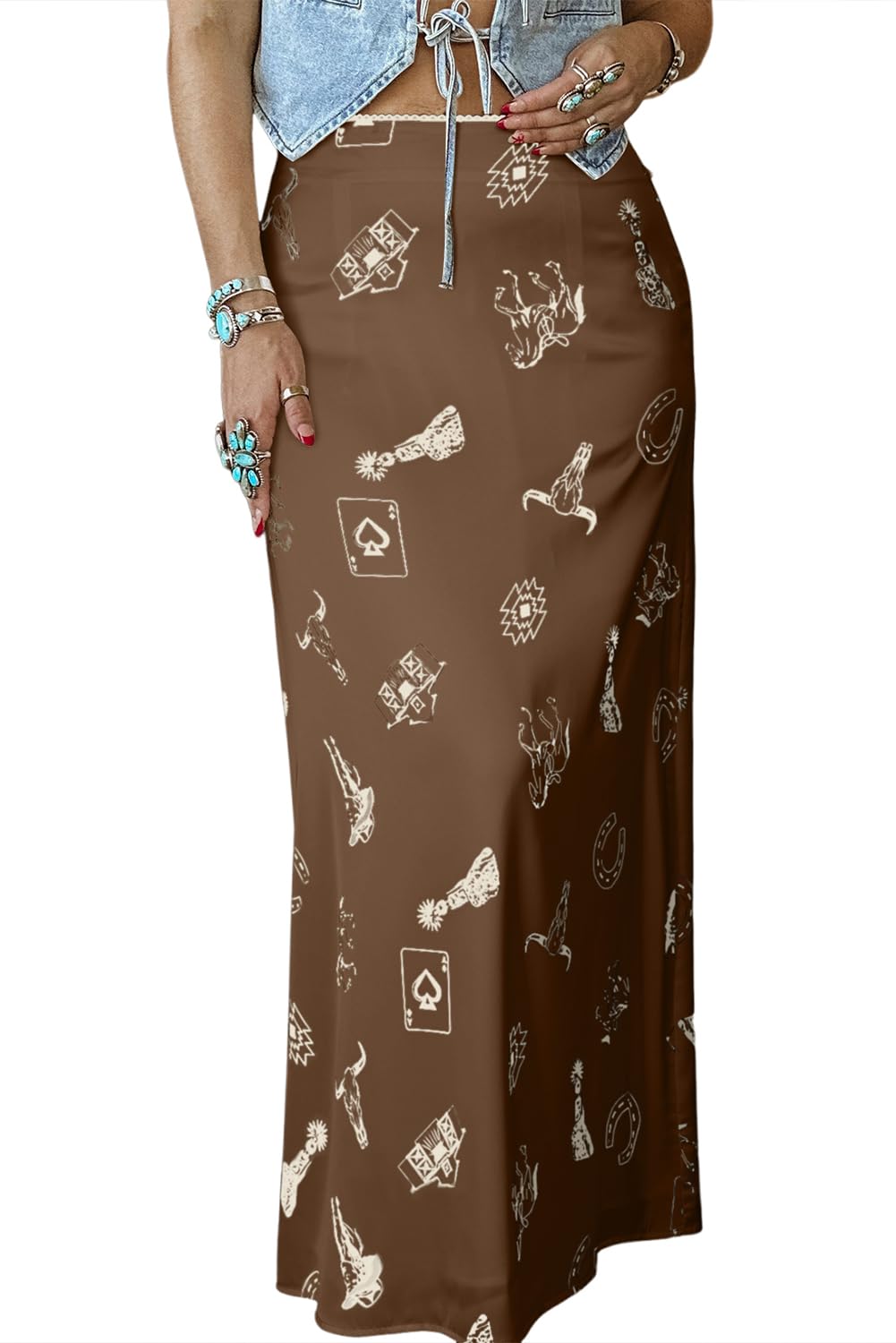 MARZXIN Womens Satin High Waisted Maxi Skirt Stretch Graphic Print Trendy Long Skirts