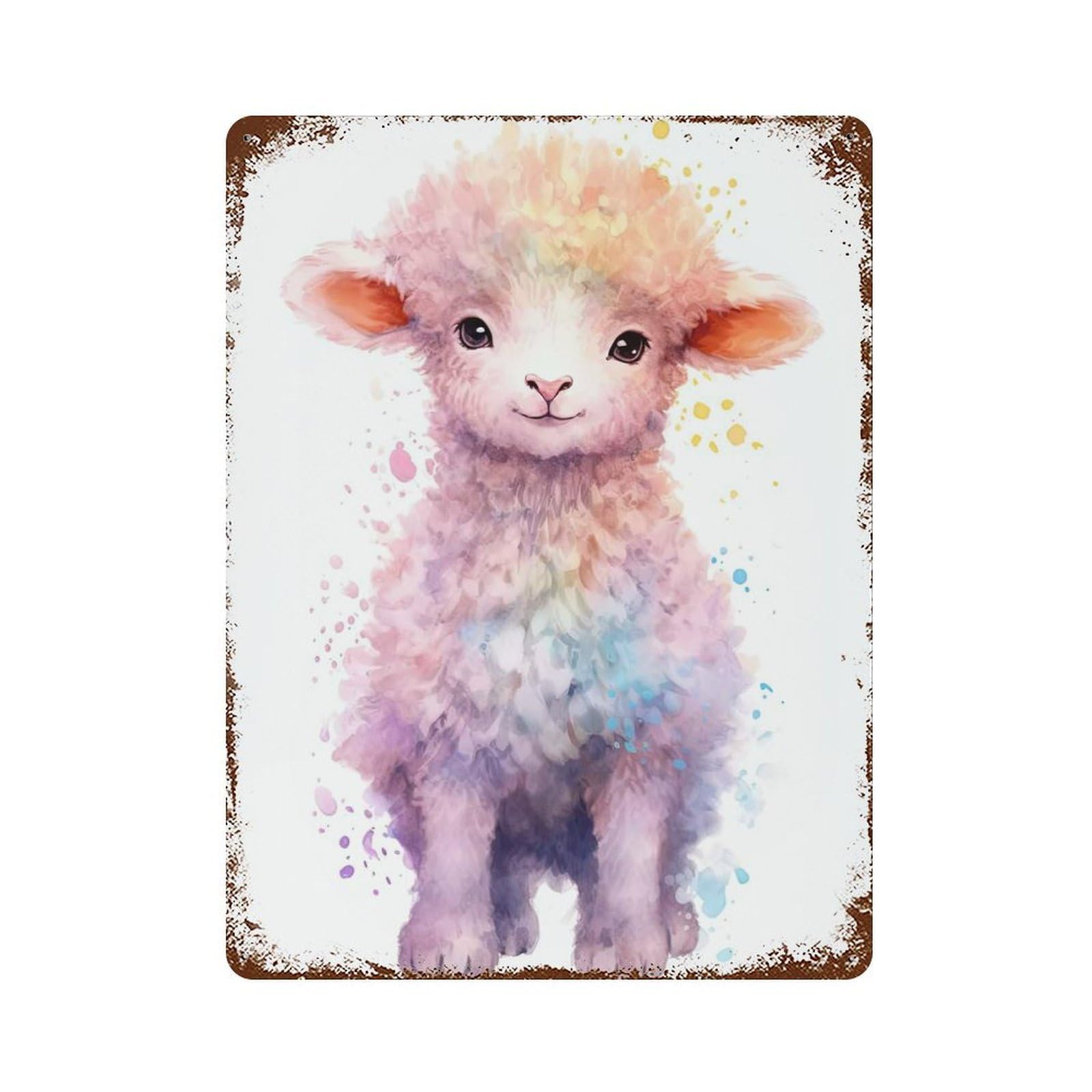 Cute Watercolor Baby Sheep Rusty Metal Tin Sign 15.7"x11.8", Shabby Chic Decor for Garage, Bar And Workshop Decor