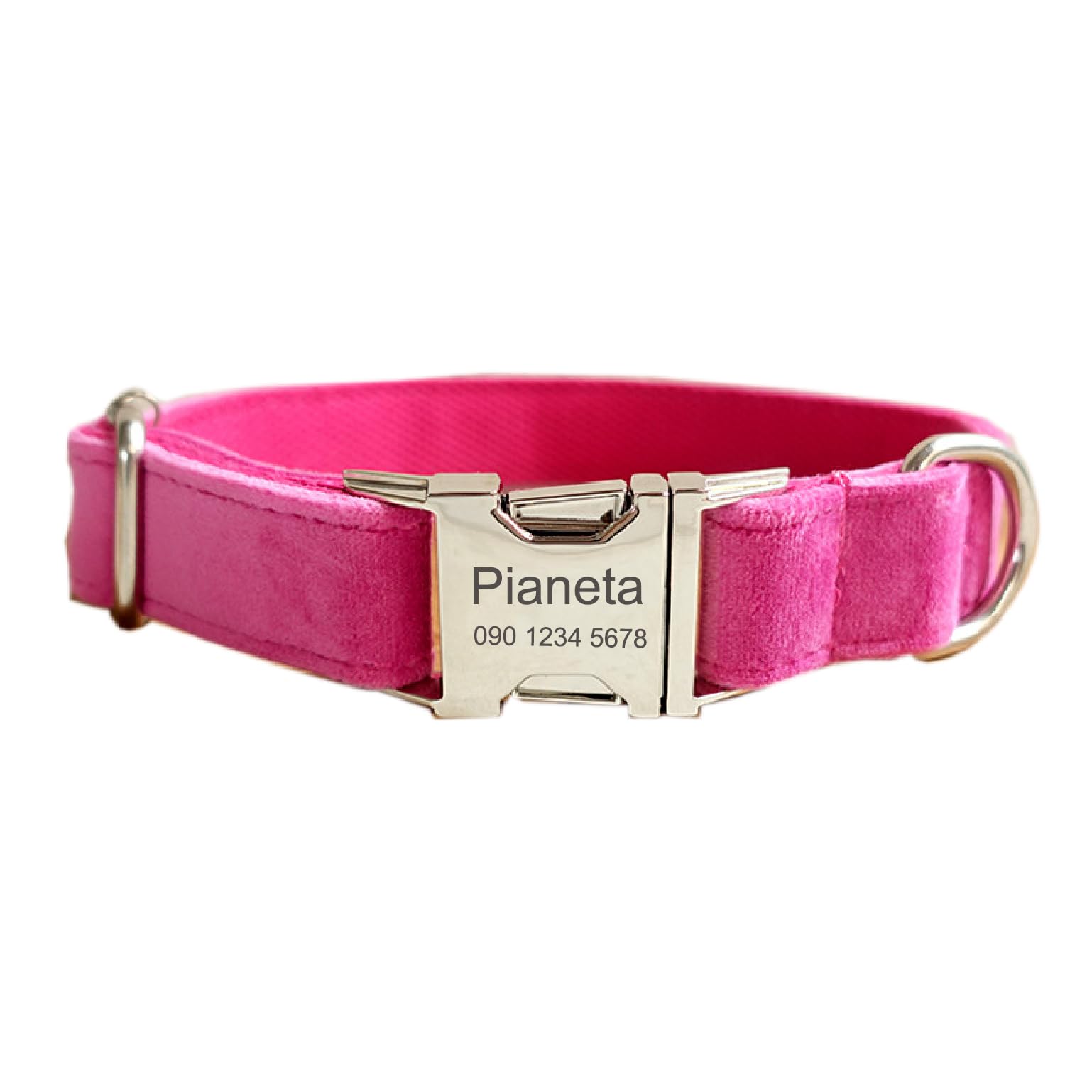 Personalized Dog Collar - Soft Comfy Velvet Custom Dog Collars with Pet Information Engraved on The Metal Plate, Dog Leash and Bow Tie Available (Fuxia)