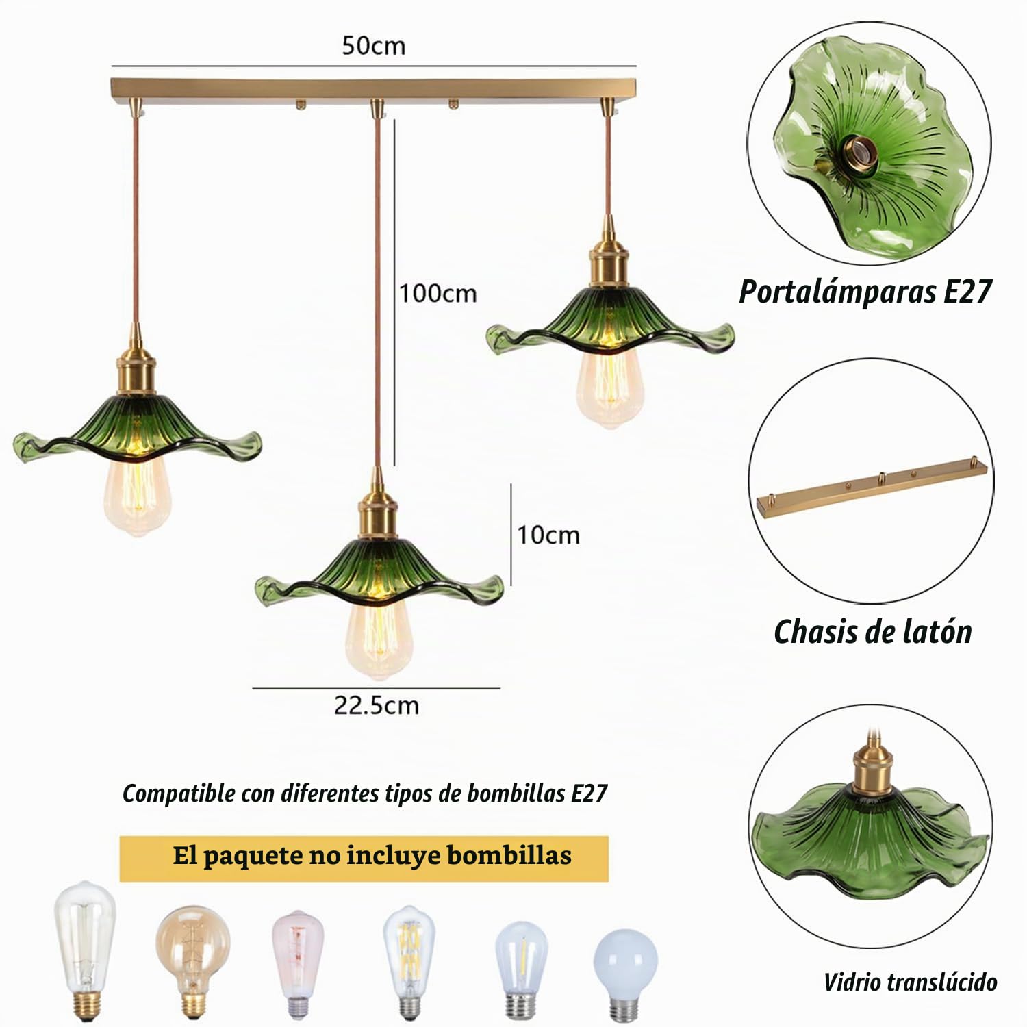 Lámpara colgante con 3 lámparas de techo de cristal verde, flores E27, regulable en altura, suspensión de mesa de comedor para salón dormitorio cocina