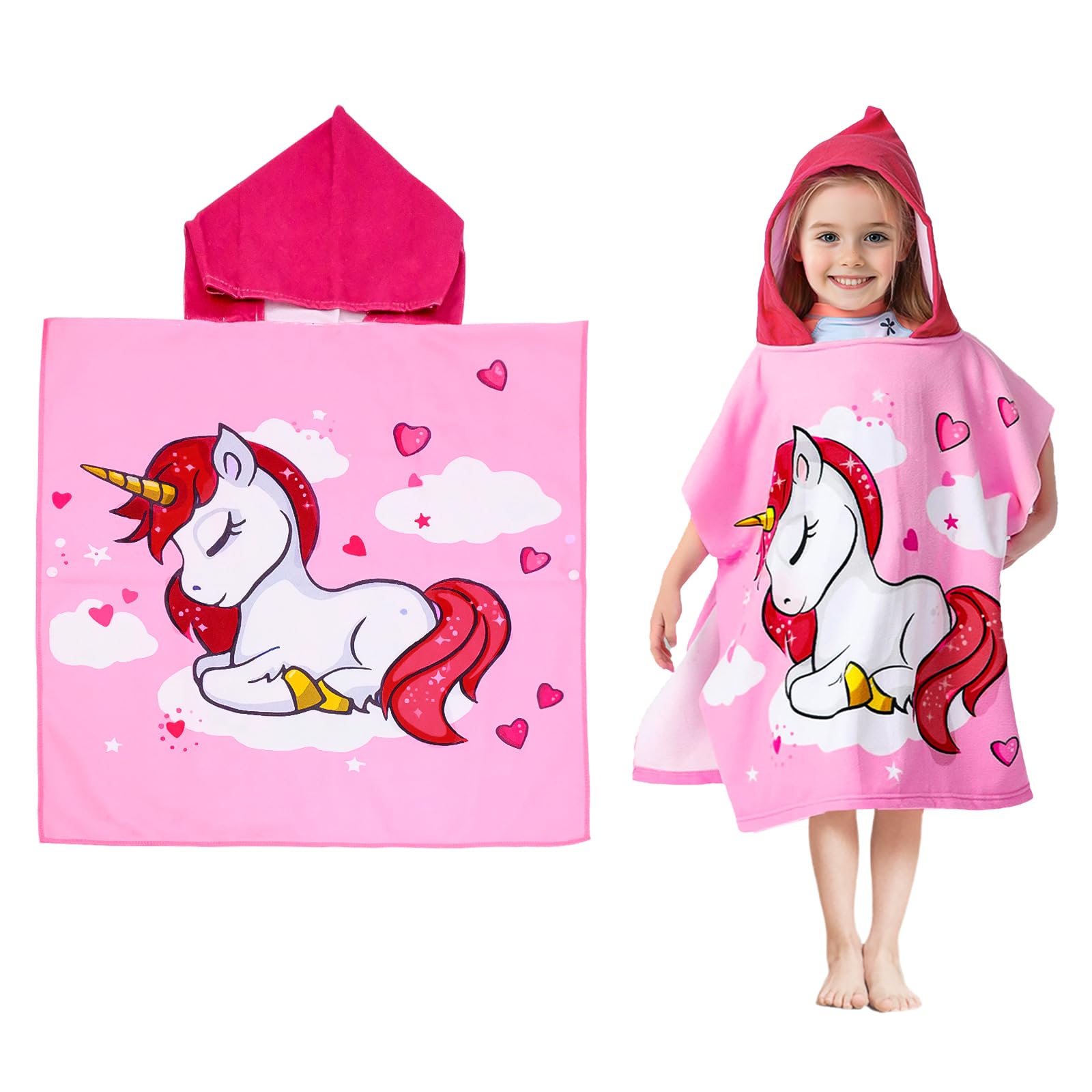 Uryxery Kids Hooded Poncho Towel - Pink Unicorn, 23.6×47.2in (60×120cm) for 3-10 Years, Soft Microfiber Cover for Beach Pool & Bath