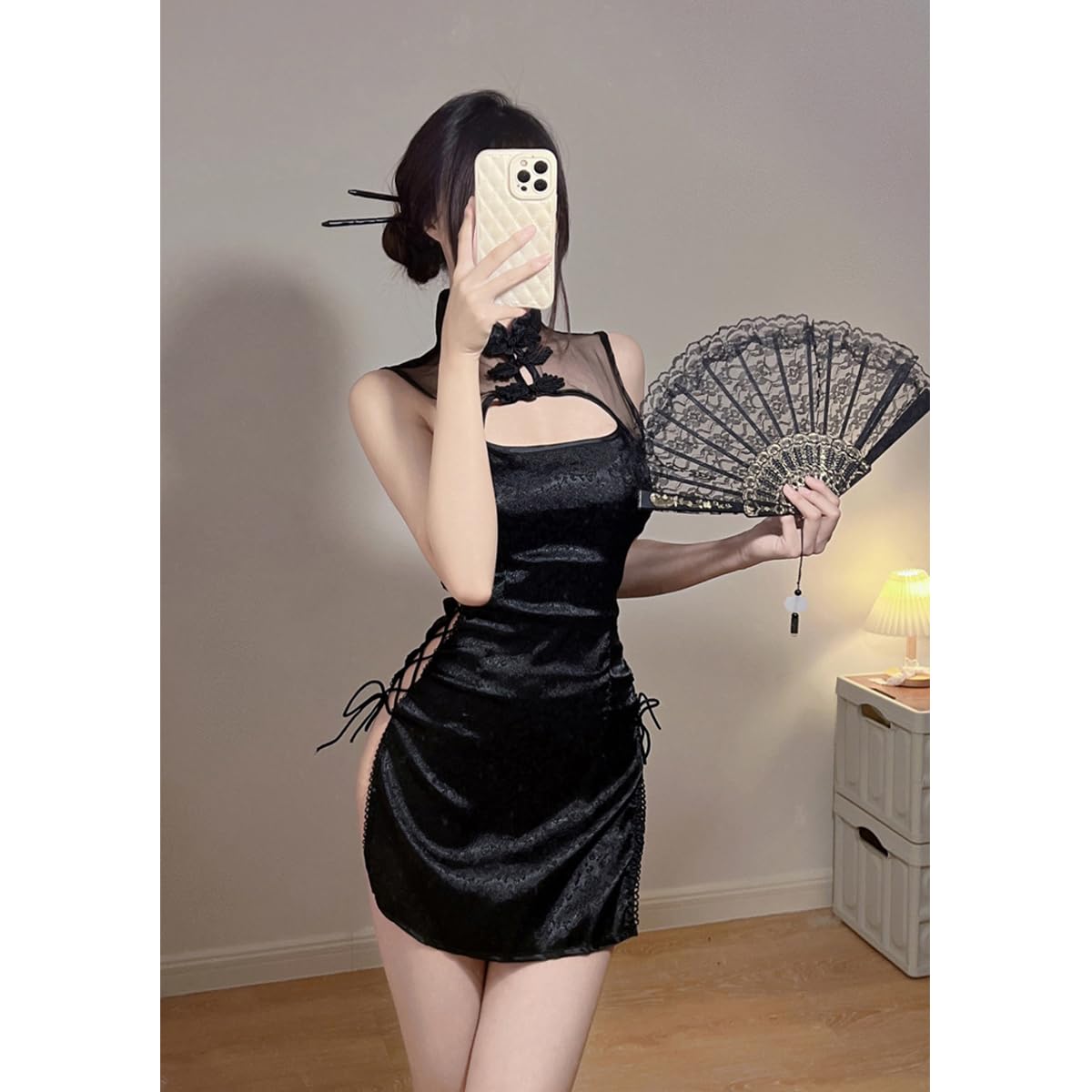 Cheongsam seksowna sukienka Anime Cosplay, wysoka talia, z rozcięciem, ciemna gotycka dessa, Qipao Club Rave Halloween kostium