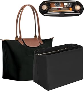 OAikor Laptop Sleeve Bag Organizer for Longchamp Le Pliage Large,Black | Soft Nylon Purse Insert, 5 Pockets, 13"Laptop Sleeve, Elastic Cup Holder, YKK Zipper Pocket, Keeps Tote Handbag Neat Shape