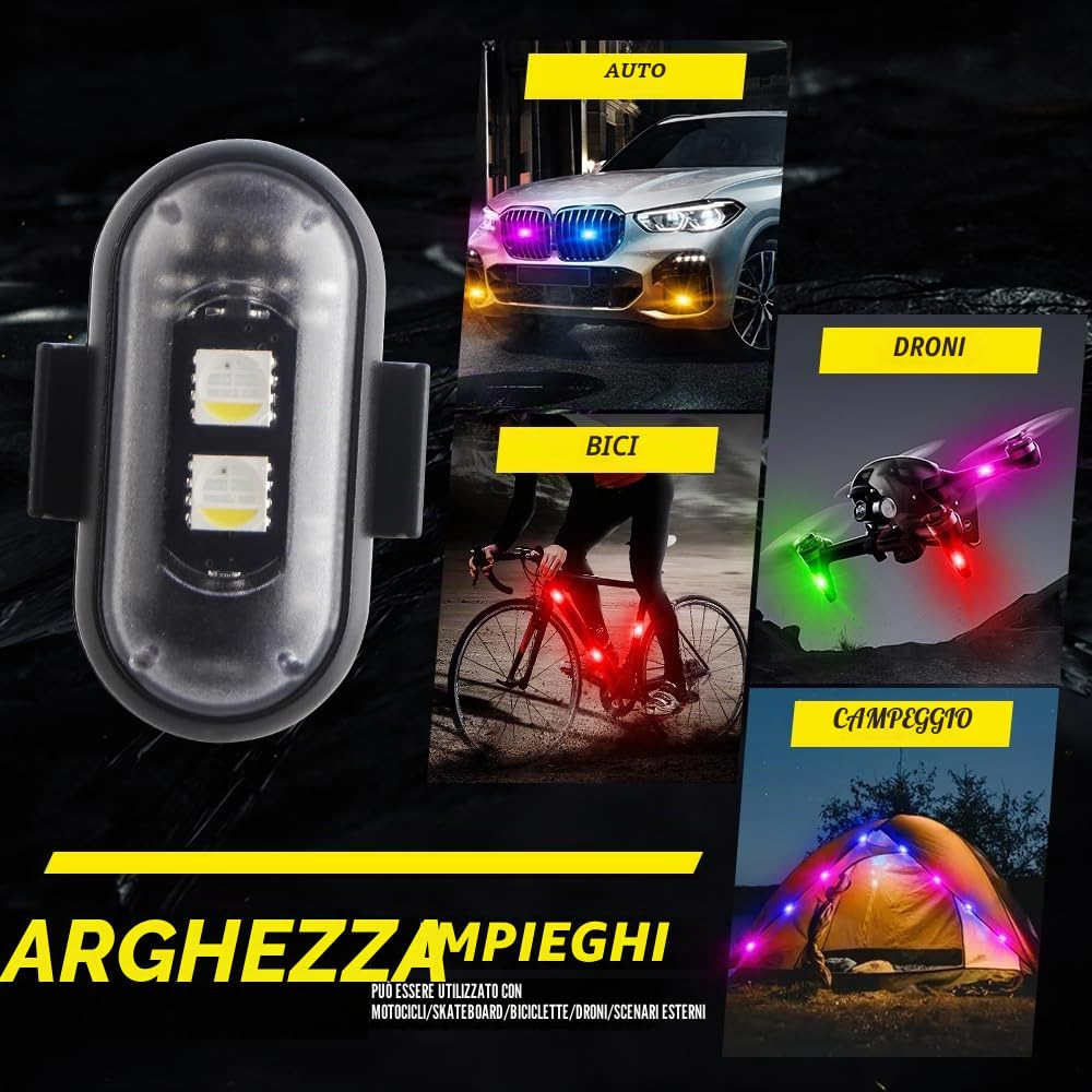 Luci Stroboscopiche LED Senza Fili con Telecomando, 8 Colori Ricarica USB Lmpermeabile Luce a LED per L'interno Dell'auto Moto Bicicletta Drone Camion Anti-collisione (8PCS)