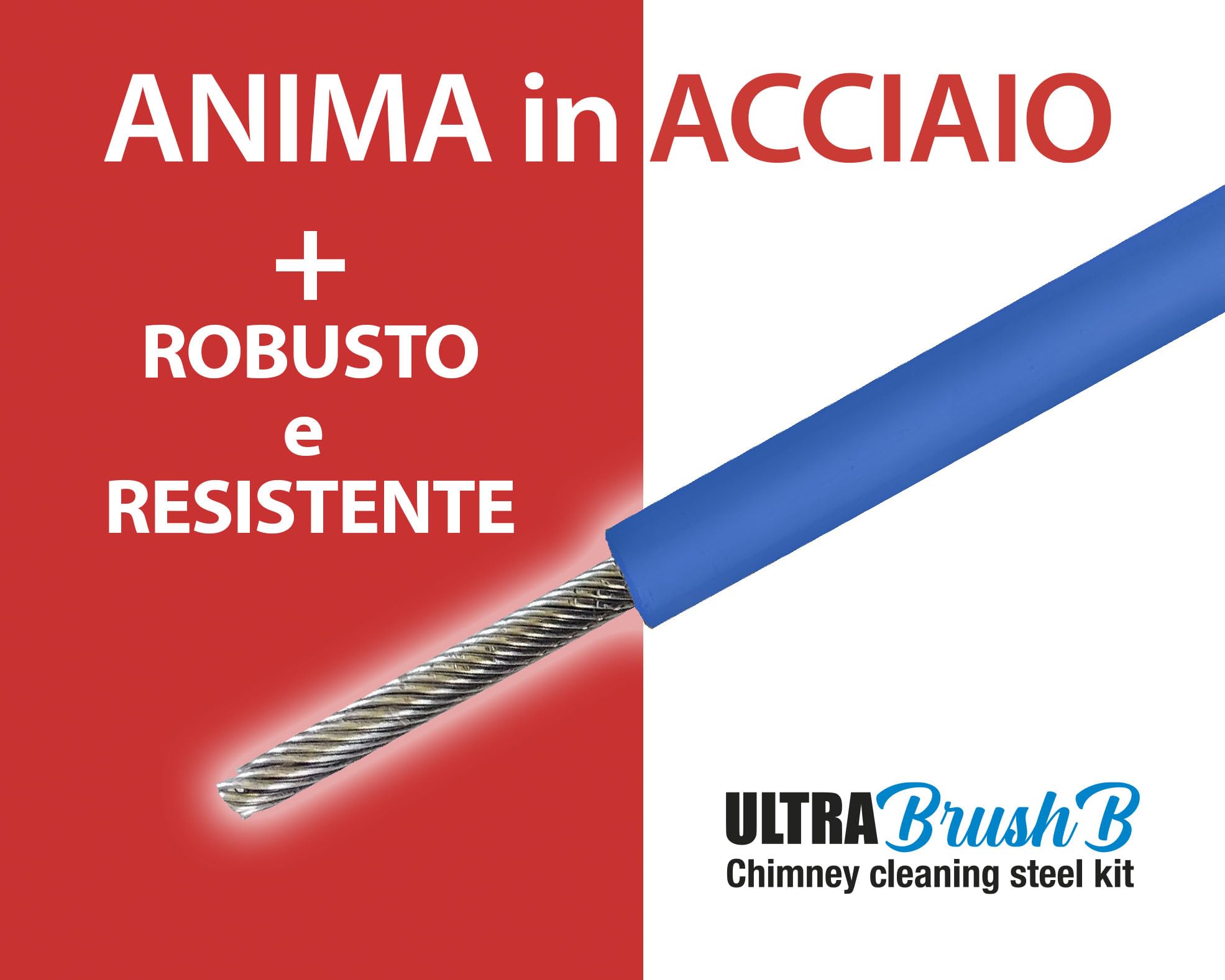 ULTRABRUSH B | Kit limpieza chimenea estufa de pellet. 2 escobillas deshollinador flexible. Compatible con todo tipo de chimeneas. Alambre de acero revestido ultra robusto y deslizante. (6 metros)