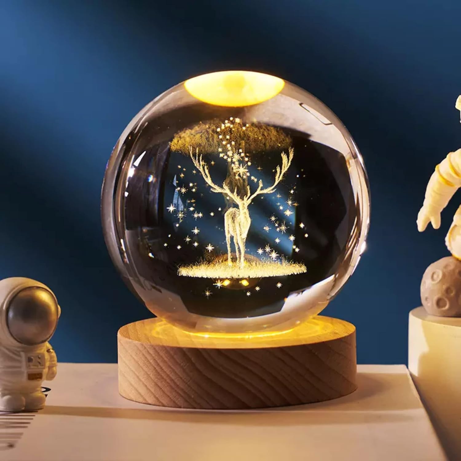 VELOCIOUS® 3D Crystal Deer Night Light – Engraved LED Globe Lamp, USB Wooden Base, Warm White Table Light for Home & Office Decor, Birthday & Anniversary Gift (6cm)