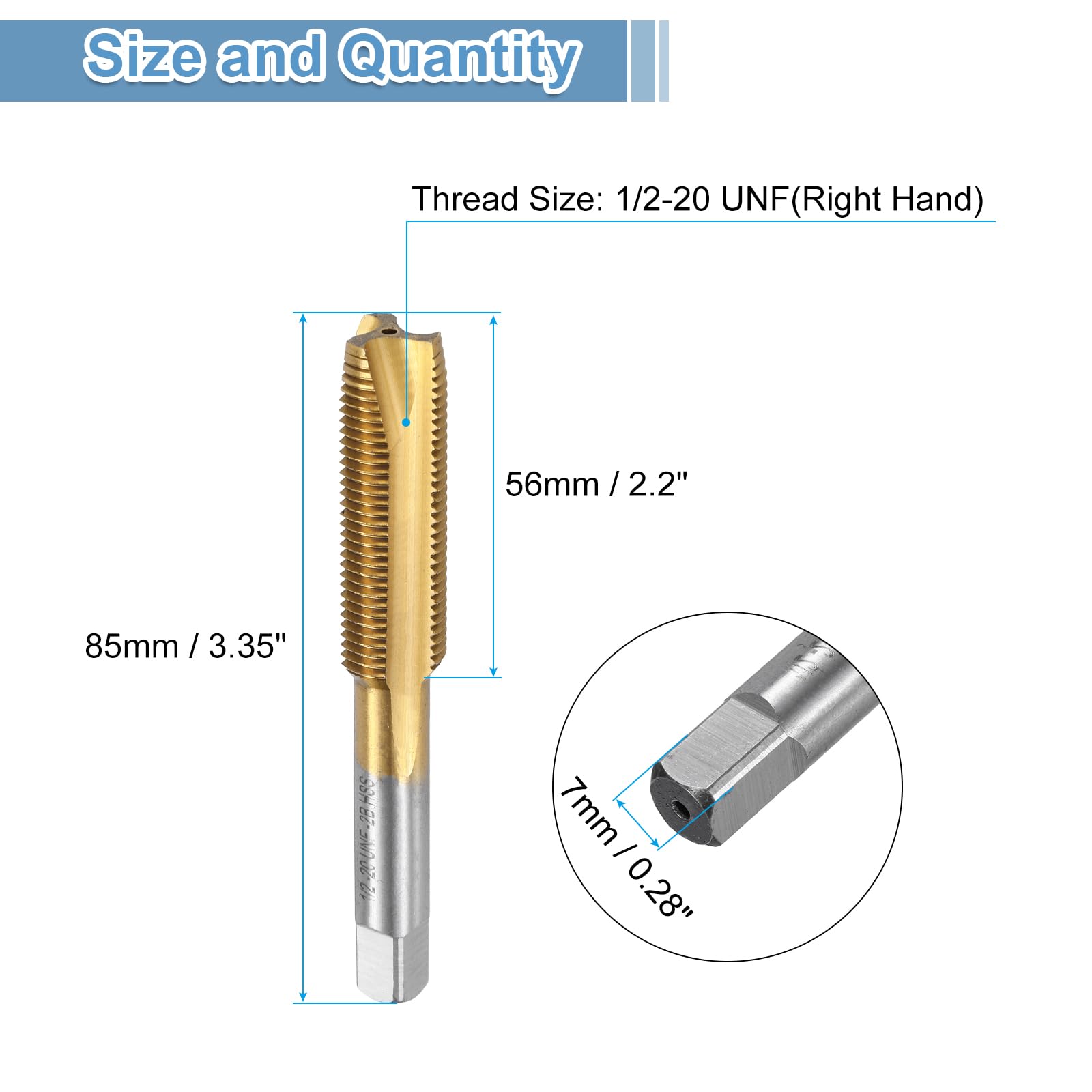 uxcell Spiral Point Plug Threading Tap 1/2-20 UNF Thread, Ground Threads H2, High Speed Steel 6542, Titanium Coated, Screw Taps Tapping Bit for Thread Repair