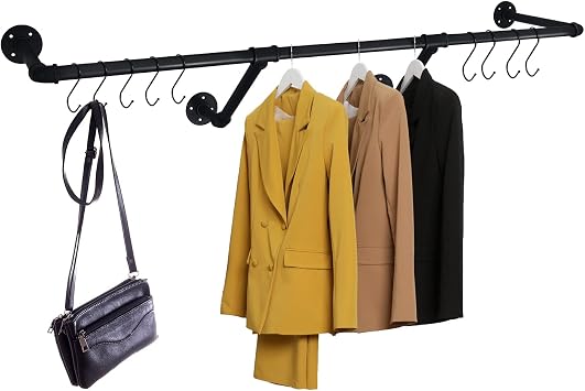HouseAid 48 Inch Industrial Pipe Clothes Rack, Farmhouse Iron Garment Rack, Vintage Style Hanging Rod for Closet, Wall Mounted, Matte Black Hooks Included