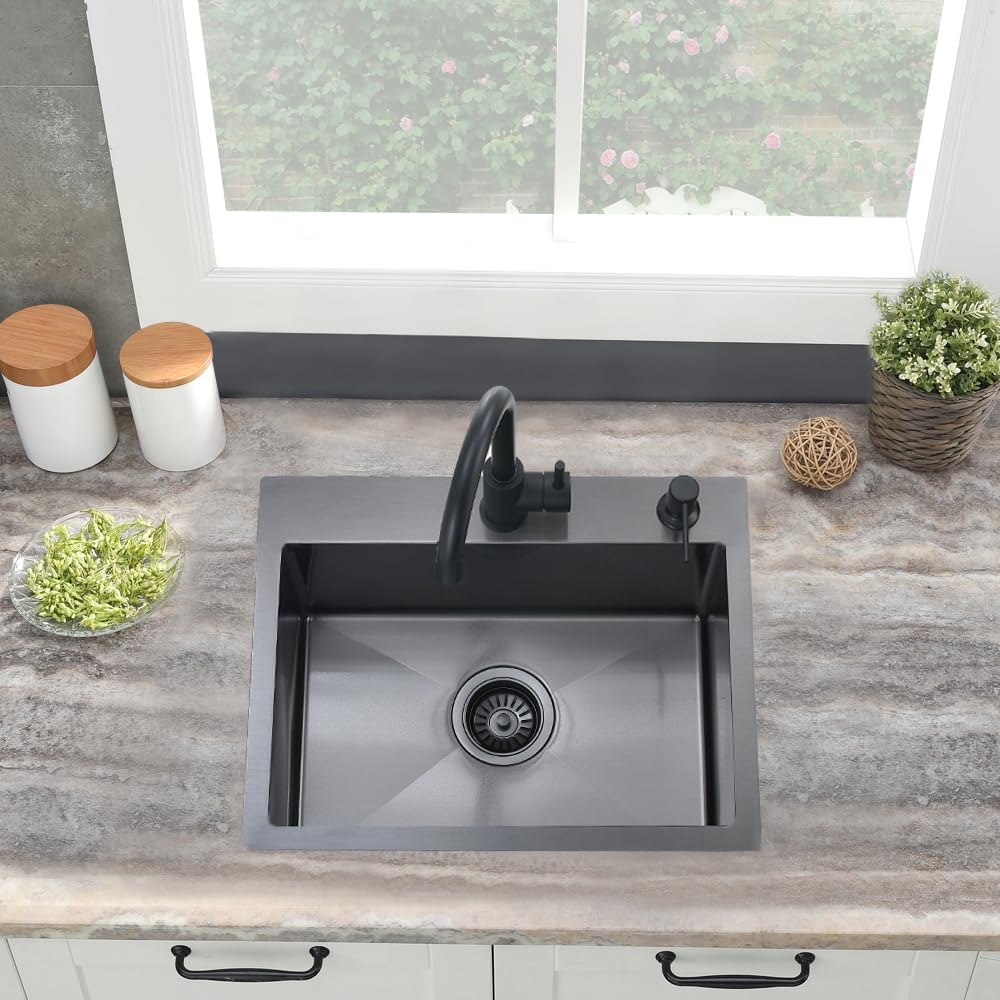 Black Bar Sink Drop In,Jshozzy 20x16 Overmount Wet Bar Sink Stainless Steel Single Bowl 16 Gauge Black Kitchen Sink Drop In