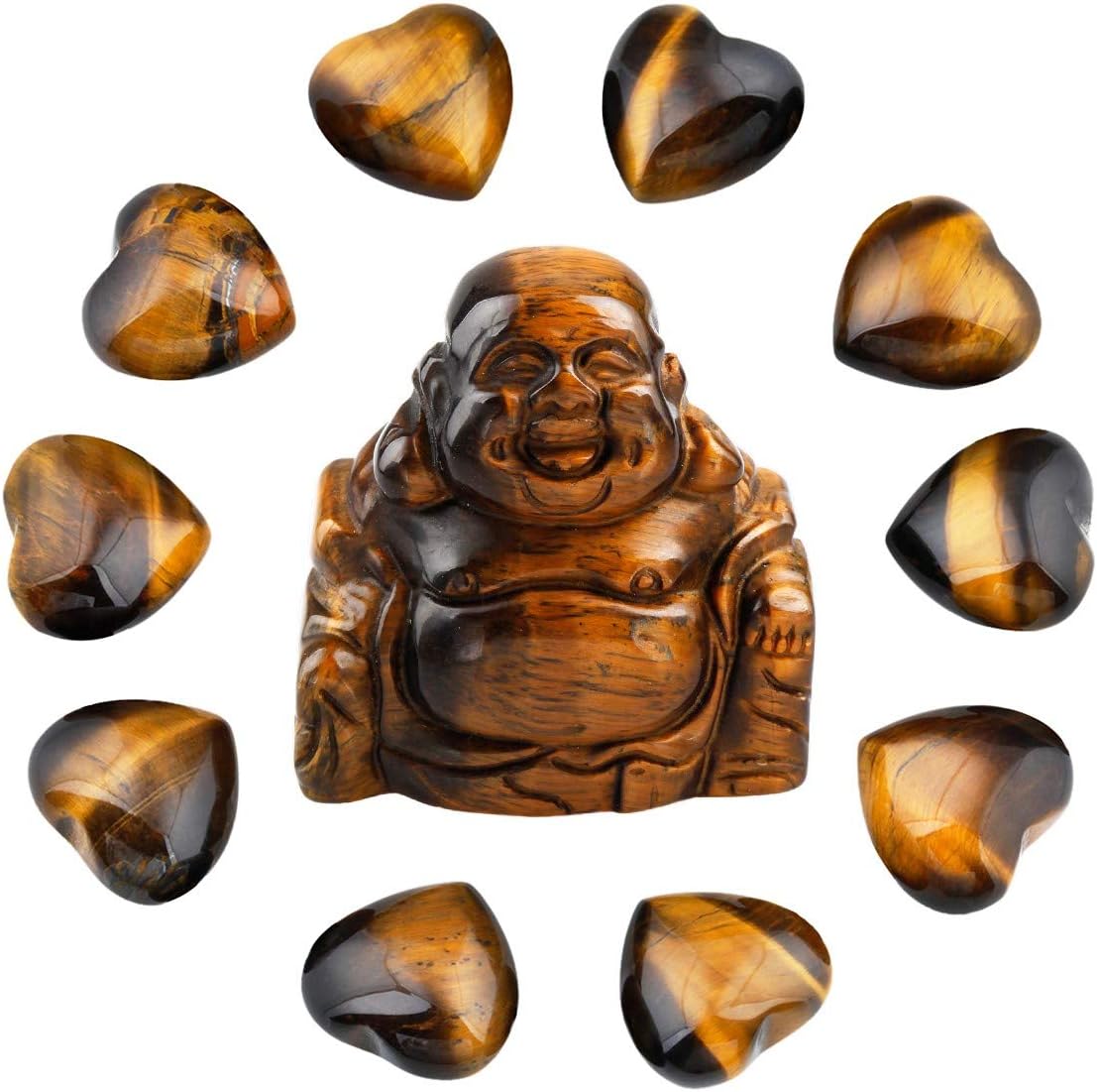 Rockcloud Healing Crystal Hearts 0.5 inch & Happy Buddha Carved Worry Stones Chakra Reiki Balancing Set, Opalite: Home & Kitchen