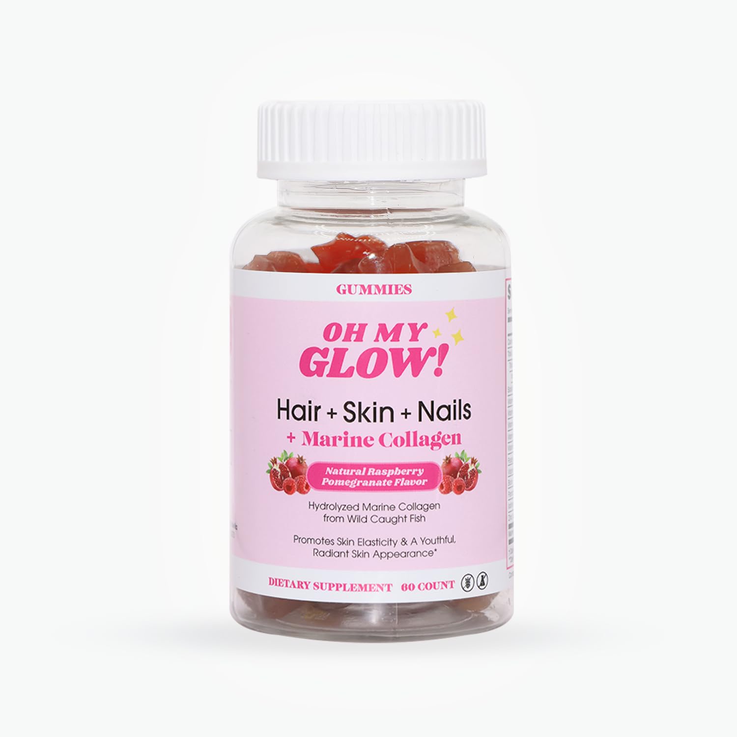 Oh My Glow Hair Skin Nails Marine Collagen Gluten-Free Non-GMO Gummies Raspberry Pomegranate