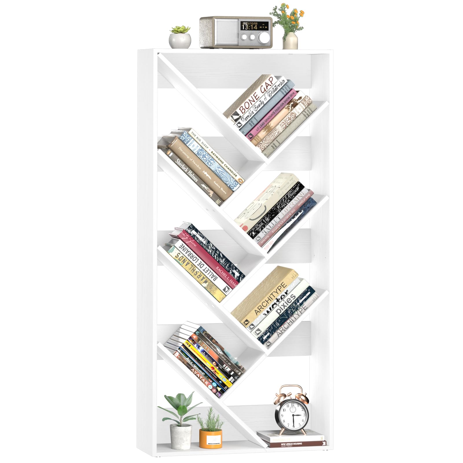 Yoobure Tree Bookshelf, Book Shelf Wood Bookcase Shelf, 6-Tier Bookshelves and Bookcases Display for Books/CDs, Book Case Floor Standing for Small Spaces, Office, Living Room, Library White
