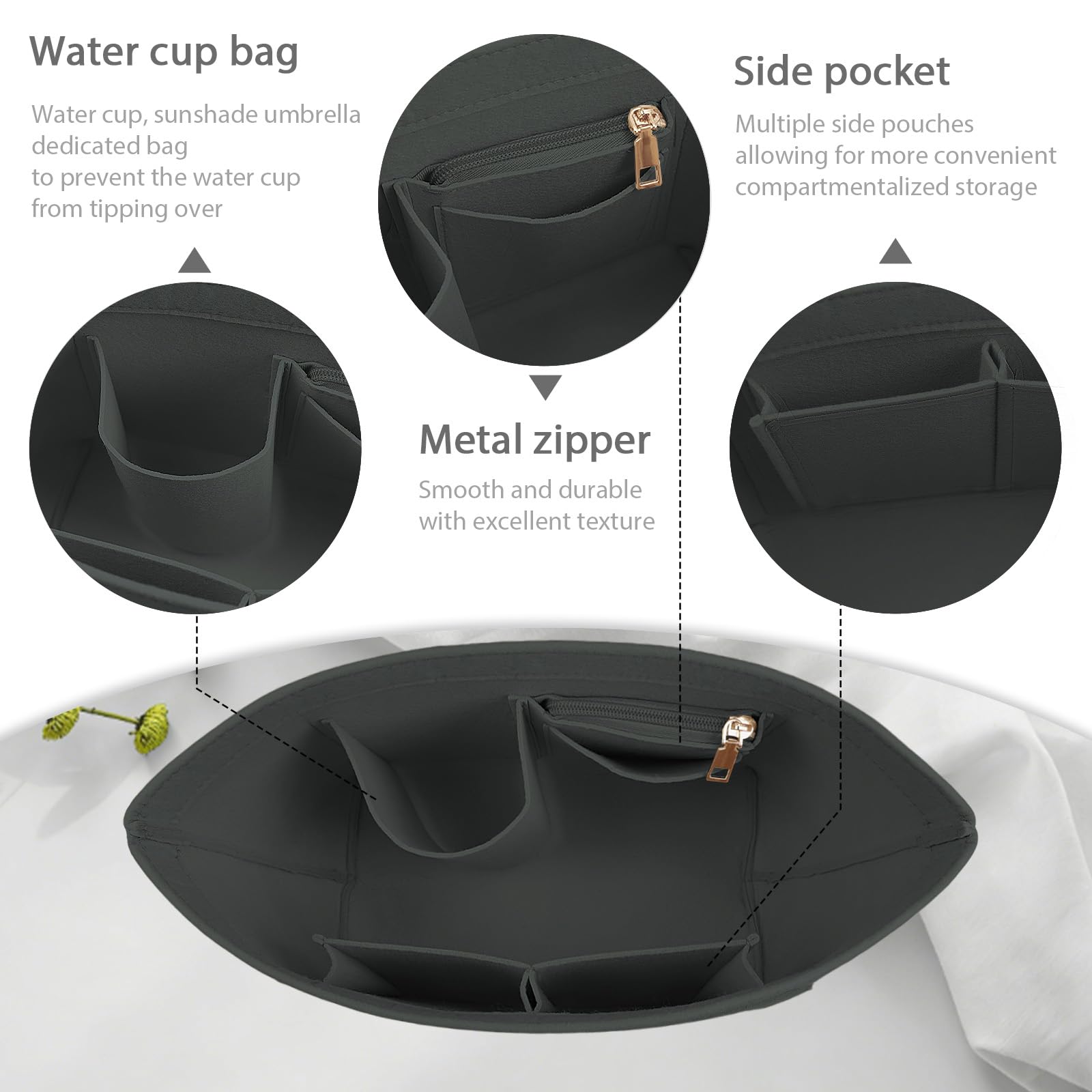 Organizer Interno Per Borsa A Secchiello Lckaey – Feltro Color Cachi, 4 Scomparti, Impermeabile, Per Borse NOE E Simili