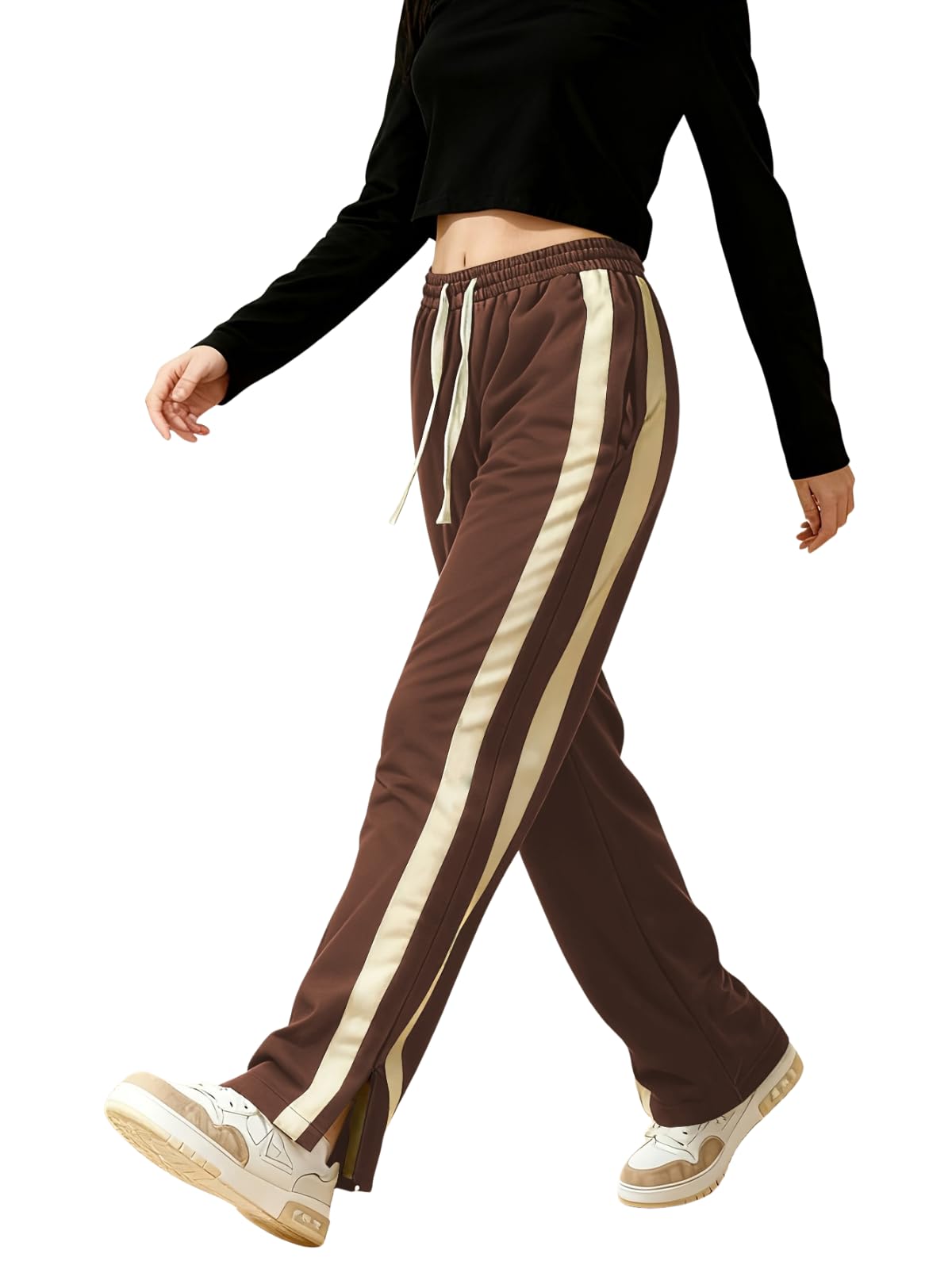Leriya Fashion Pantaloni sportivi da donna a gamba larga, con pannello laterale a contrasto, pantaloni casual con coulisse regolabile, pantaloni sportivi casual in lycra