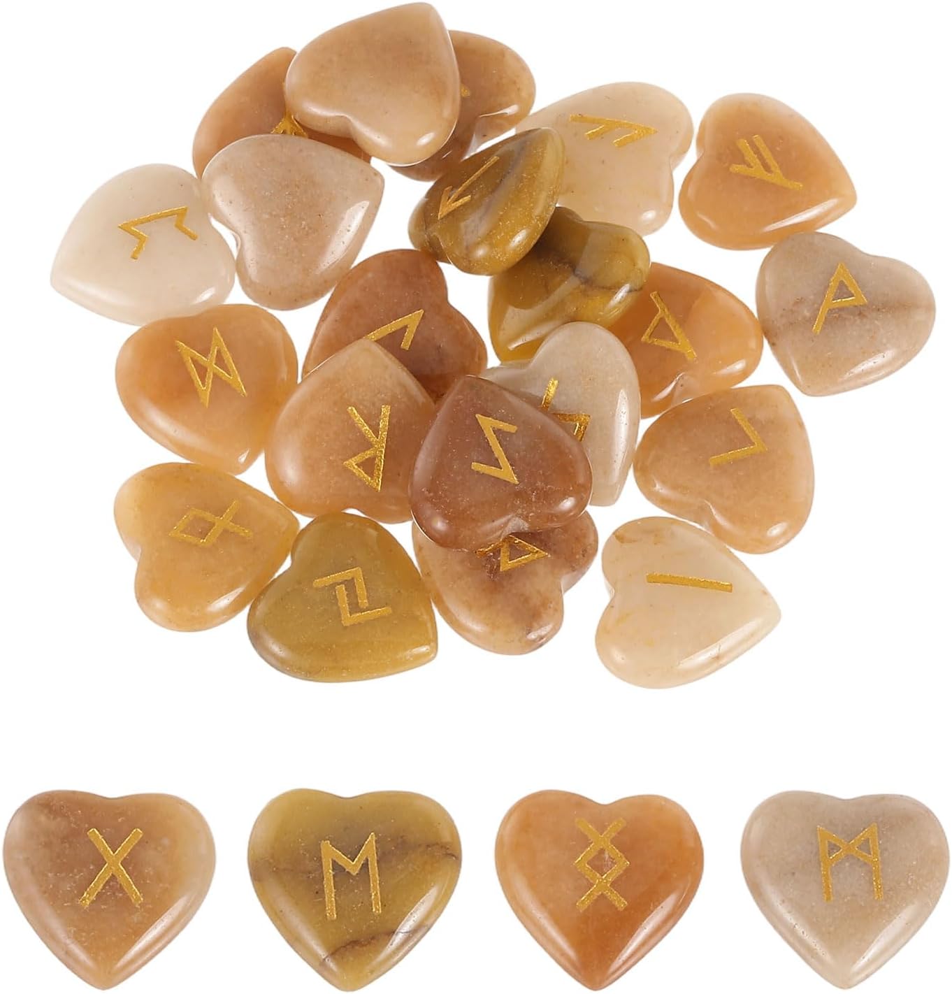 MECCANIXITY 25Pcs Rune Stones Set with Engraved Elder Futhark Alphabet, Red Aventurine Crystals Heart Stones Love Balancing Meditation Massage Gift Palm Worry Stones for Anxiety Relief