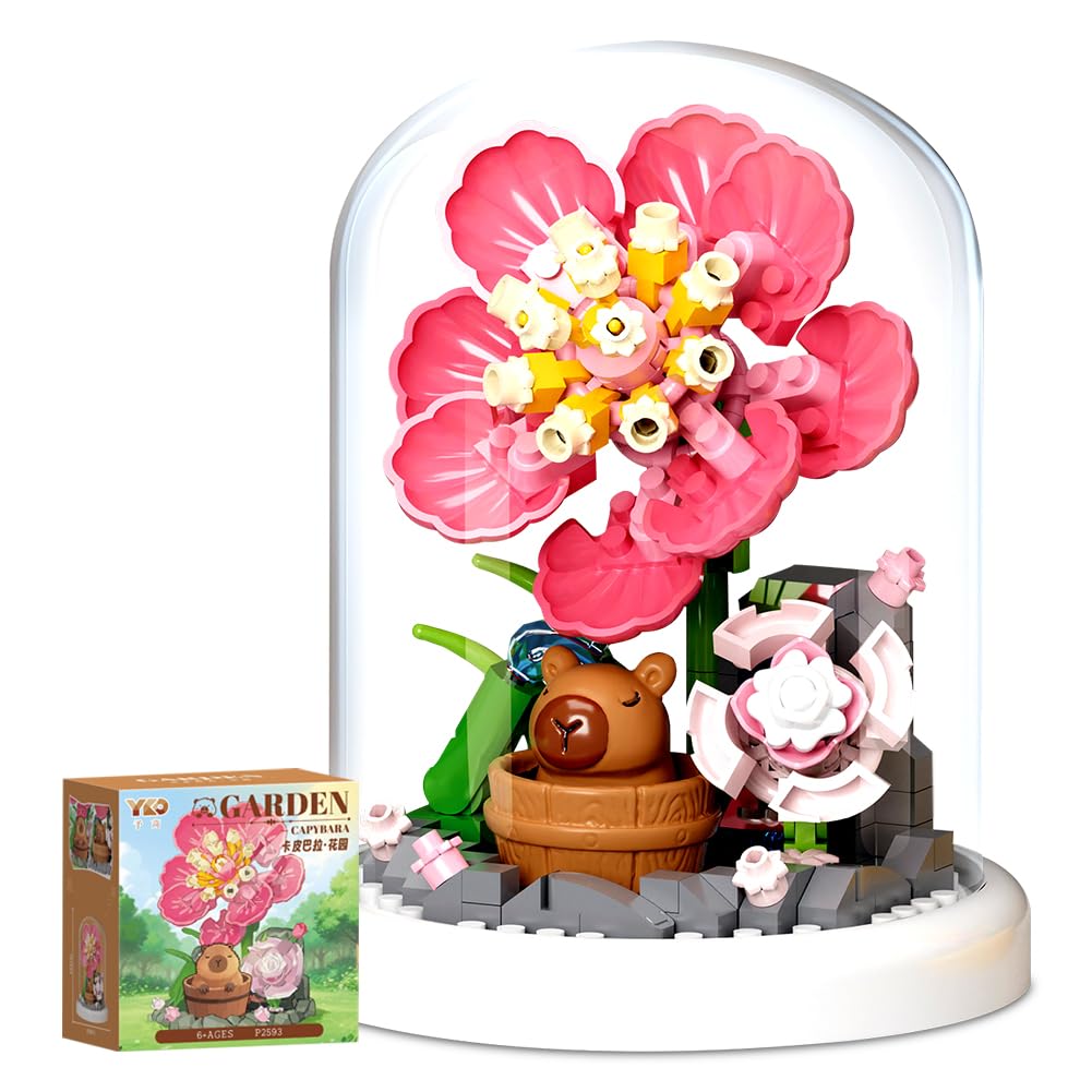 Capybara & Peony Flower Bouquet Building Blocks Set, DIY Block Kit with Base and Dust Cover, Creative Gift Toy for Kids and Adults