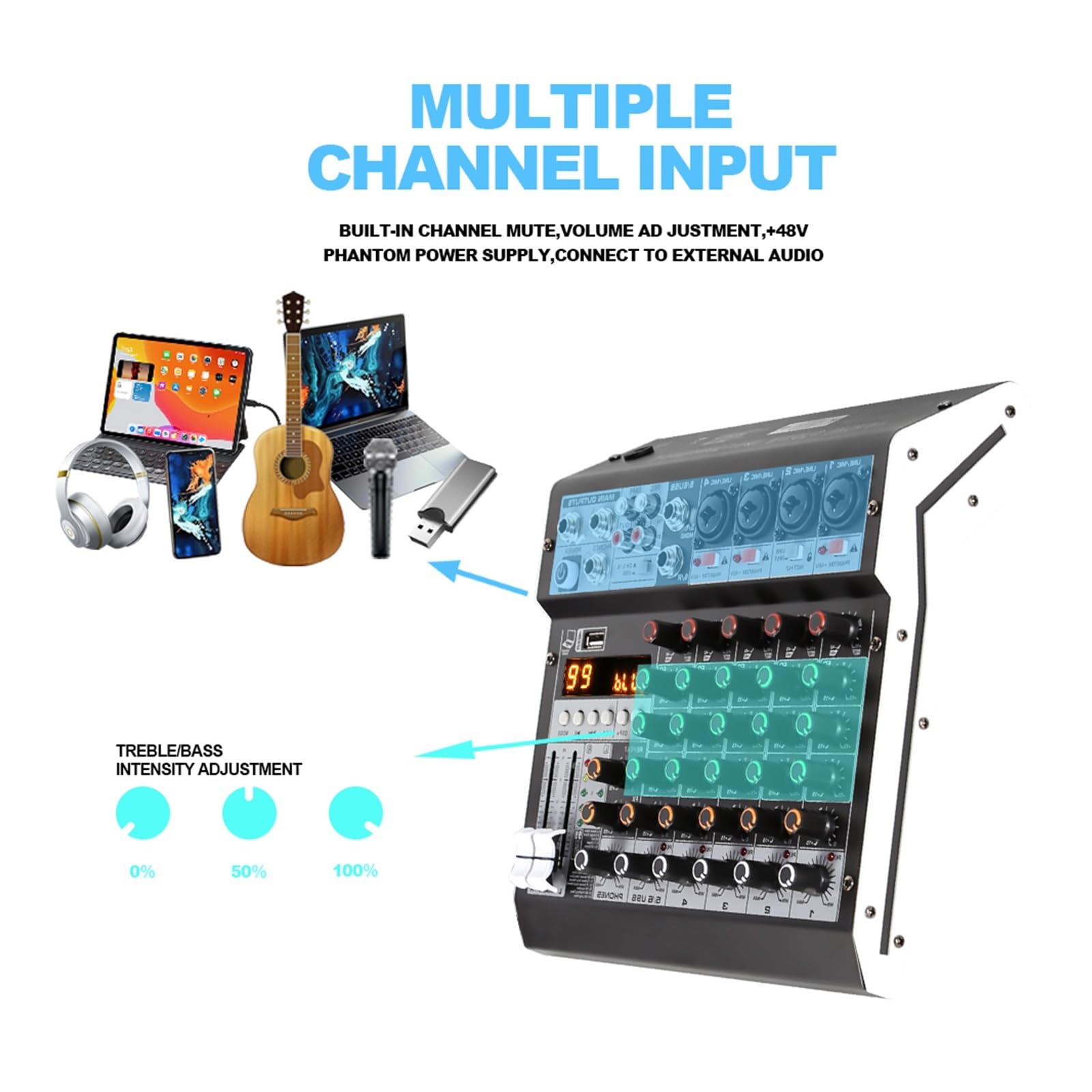 Mezclador de audio para DJ Mezclador de 6 canales 99DSP for conferencias Procesador de reverberación compatible con Bluetooth y USB Cante en con mezcladores de tarjetas de sonido