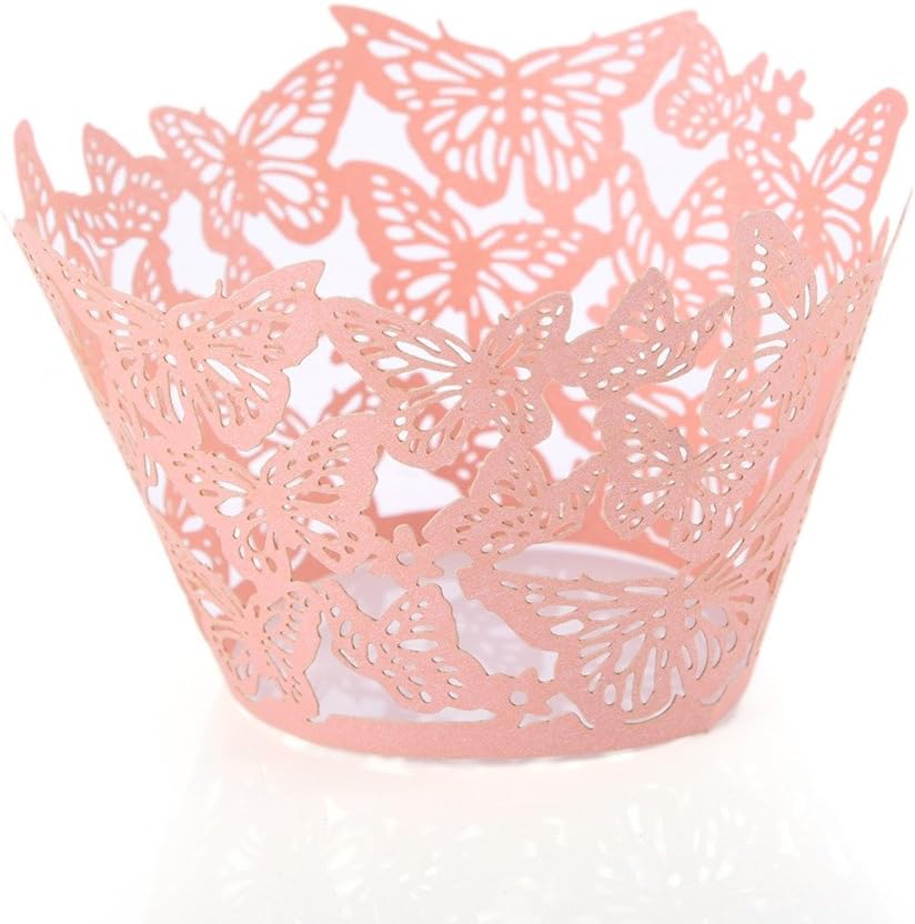 50Pcs/Lot Lovely Butterfly Paper Cups Lace Laser Cut Cupcake Paper Wrappers Wedding Baking Cup Cake Liners Round DIY Baking Fondant Muffin Molds (pink)