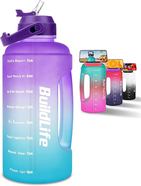 BuildLife 2.2 Litre Water Bottle - Motivational Half Gallon Water Jug w/Straw & Time Marker & Portable Handle BPA Free Leakproof Reusable for Fitness, Gym and Outdoor Sports(Purple-Blue)
