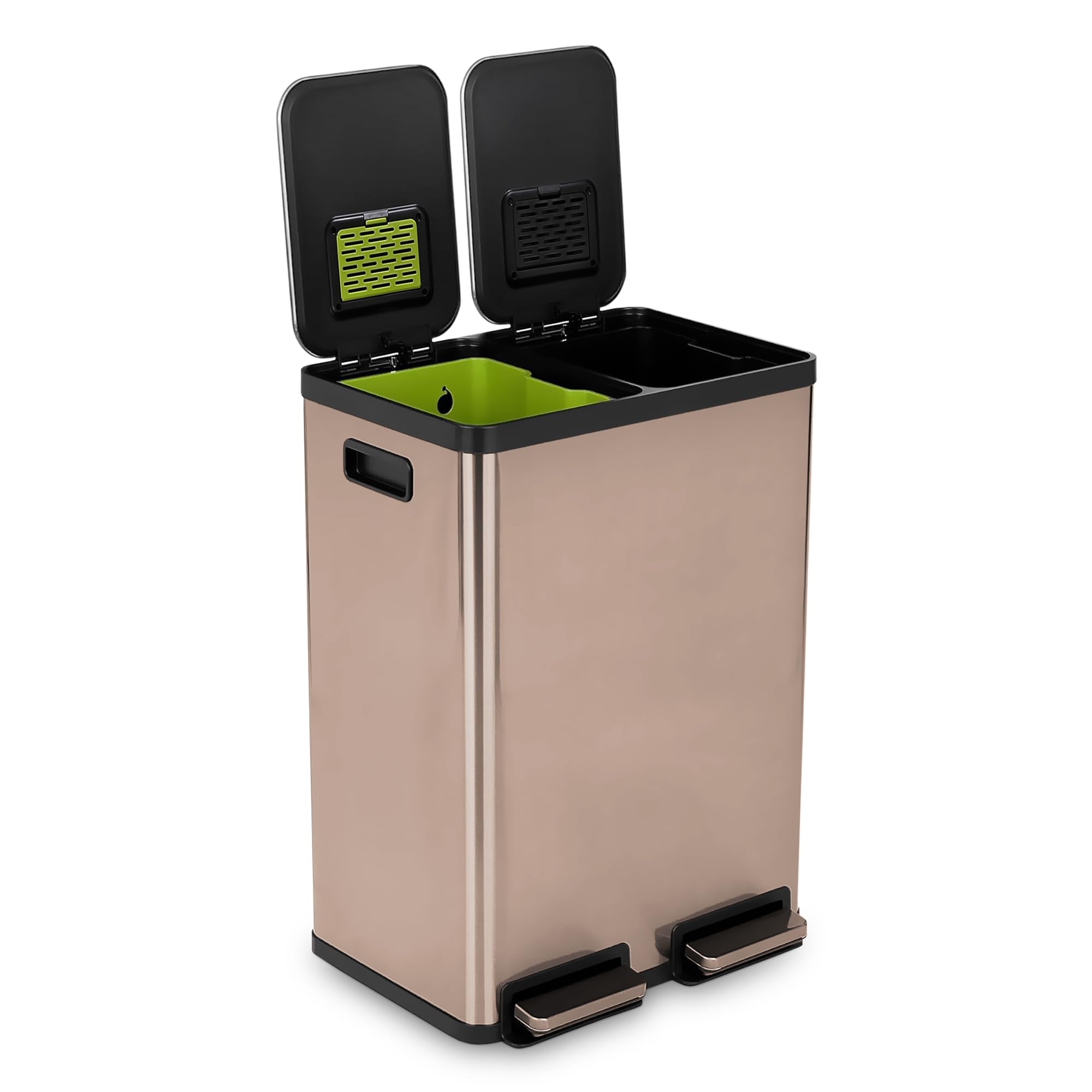 - 60 Liter / 16 Gallon Rectangular Hands-Free Dual Compartment Recycling Kitchen Step Trash Can with Soft-Close Single Lid, Stainless Steel (30L x 30L Capacity) Rose Gold