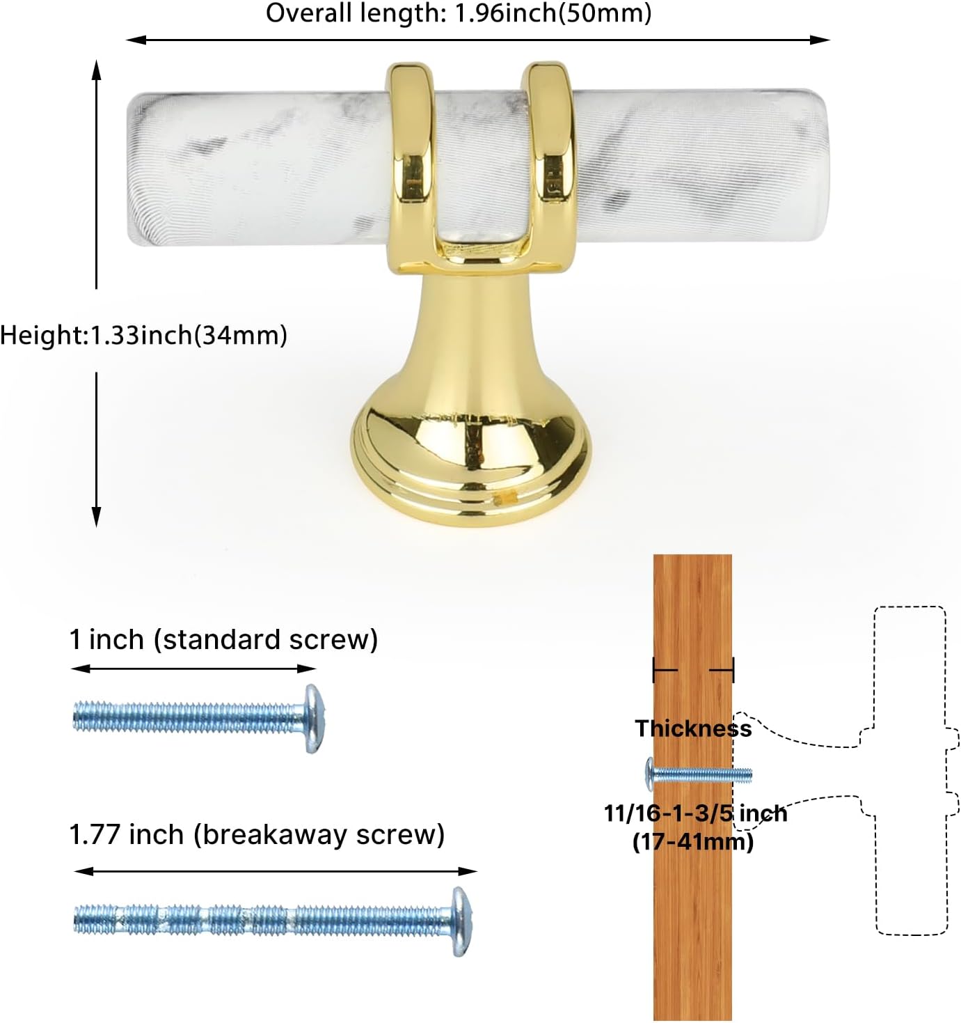 rergy cabinet handles marble drawer pulls and knobs, 10pack white marble & gold single hole, t-bar hardware for kitchen dresser zinc alloy furniture single hole white marble & gold 10