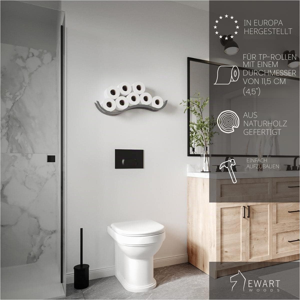 Toilettenpapierhalter Holz Wand toilettenpapier aufbewahrung Wand Toilettenpapier Rollenhalter aus Holz toilettenpapieraufbewahrung Welle(Grau) | Wellenformig, MDF mit Eschenfurnier, mehrere Klopapierrollen, verdeckte Befestigung, platzsparend, 60x12x10 c
