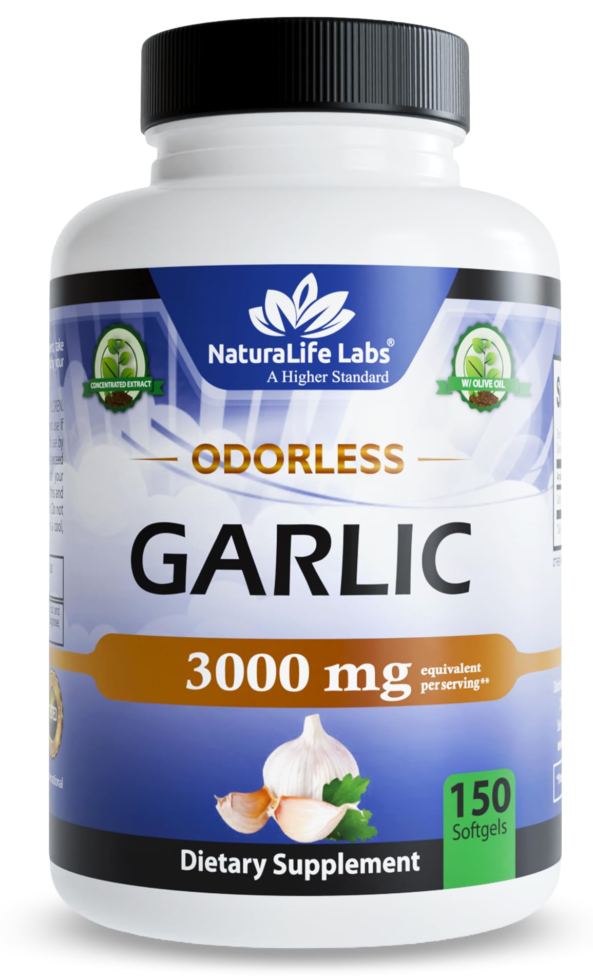NaturaLife Labs Odorless Garlic – Concentrated 100:1 Garlic Extract with Olive Oil – 150 Softgels – Non-GMO, Gluten-Free 150 Count (Pack of 1)