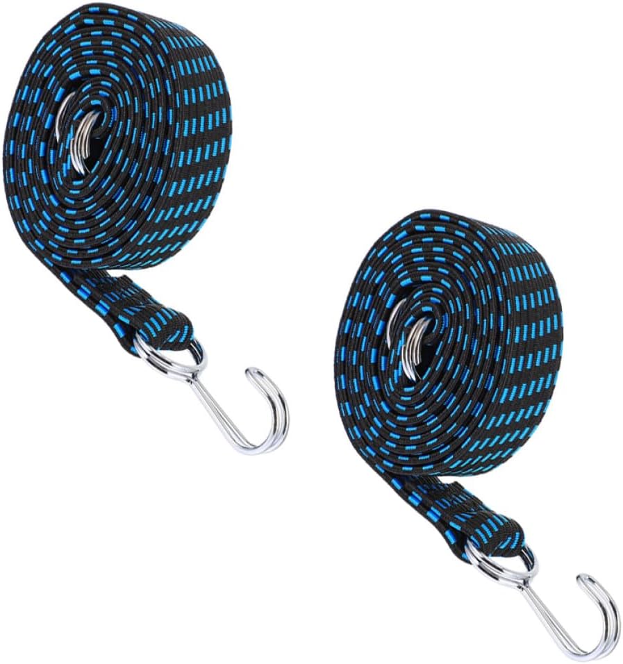 Adjustable 200cm Elastic Bungee Cord Straps with Hooks, 2pcs Black Blue Lashing Tie Down Belts for Cargo Securing, Camping, and Auto Luggage Bundling