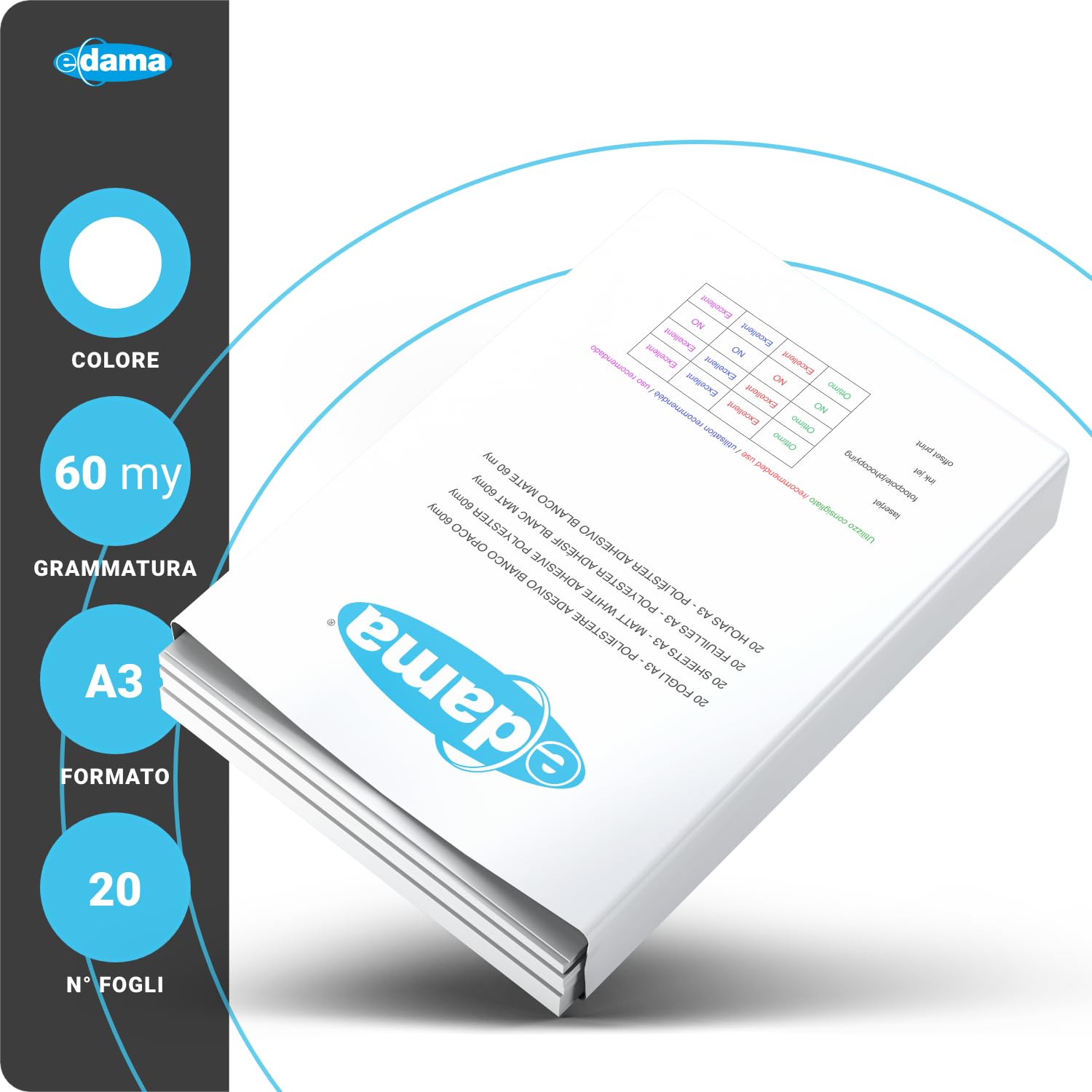 Fogli Adesivi Stampabili A3 297x420 mm Poliestere PVC Adesivo Opaco Impermeabile per Stampa Laser Bianco