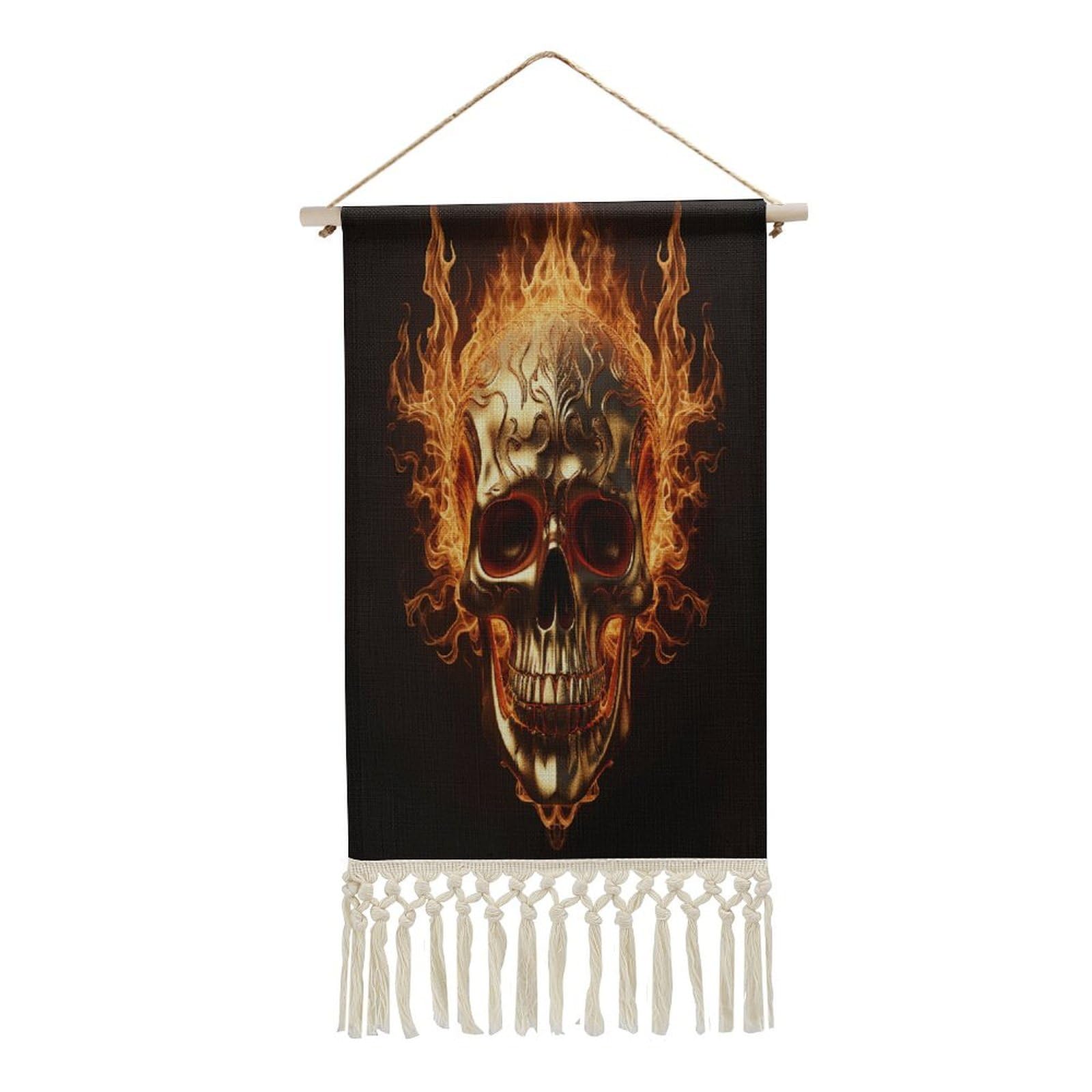 Adfgyerh Style Skull And Flames Tapestry With Tassels Cotton And Linen Hanging Posters, Wall Art For Travel Gift, Wall Tapestry For Office Home Decor Bedroom Living Room Decor