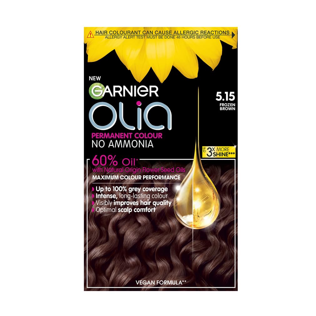 Garnier Olia Permanent Hair Dye, No Ammonia, Full Grey Coverage, Long-lasting Colour & Shine, Vegan Formula, Colour: 5.15 Frozen Brown, 230g