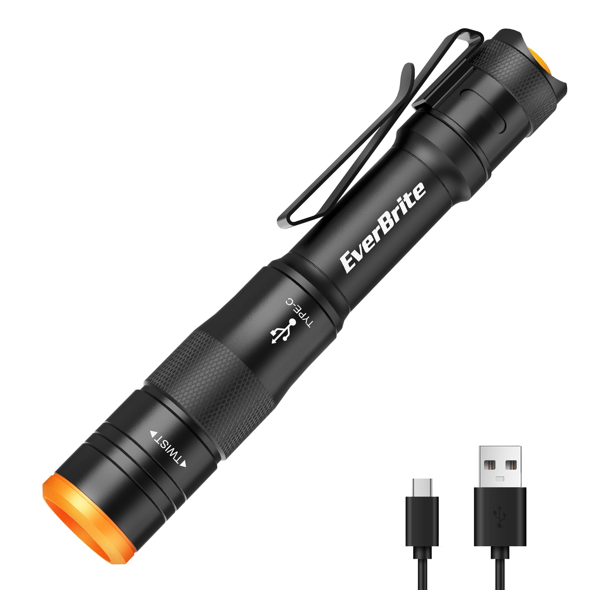 EverBrite Mini Pen Light, Rechargeable Pocket Pen Flashlight with USB C Cable, 4 Light Modes, 300 Lumens Small Flashlight with Clip for Inspection, Repair, Outdoors, Emergency, Black Black N