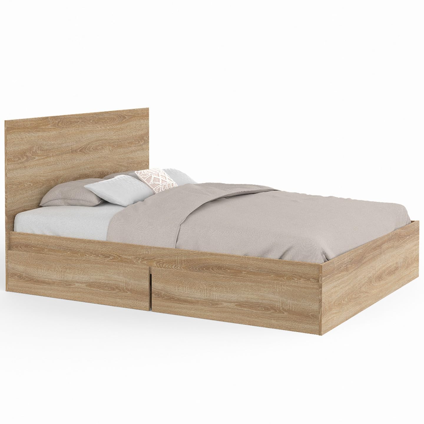 IDMarket - Lit Double Omaha 4 tiroirs sur roulettes avec tête de lit et sommier 140 x 190 cm façon hêtre