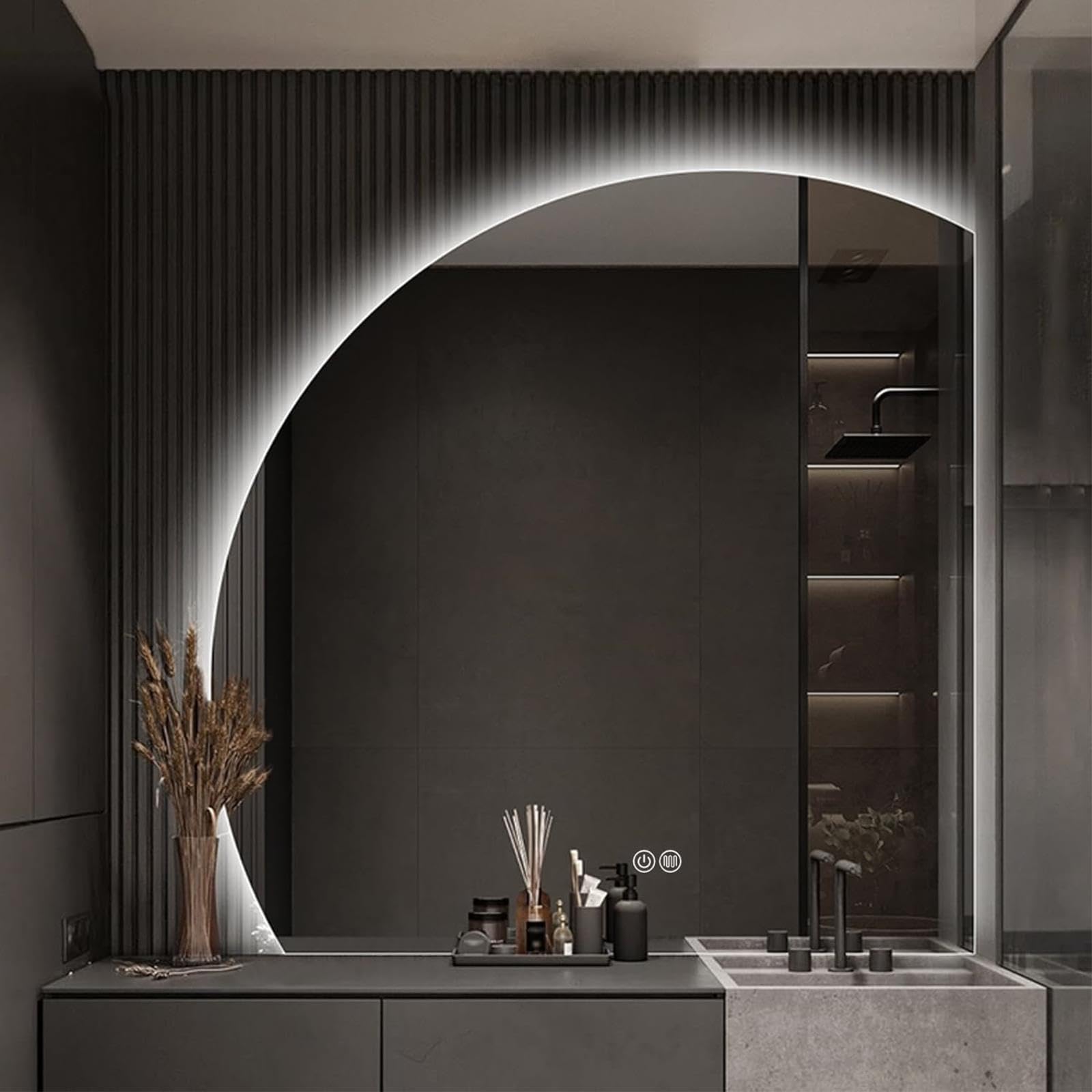 WQZzjm LED Bathroom Mirror, HalfCircle WallMounted Vanity Mirror, AntiFog, Smart Touch, Dimmable Makeup Mirror, 60x60 cm, Modern Design, Backlit Lighting (50L x 50W cm)