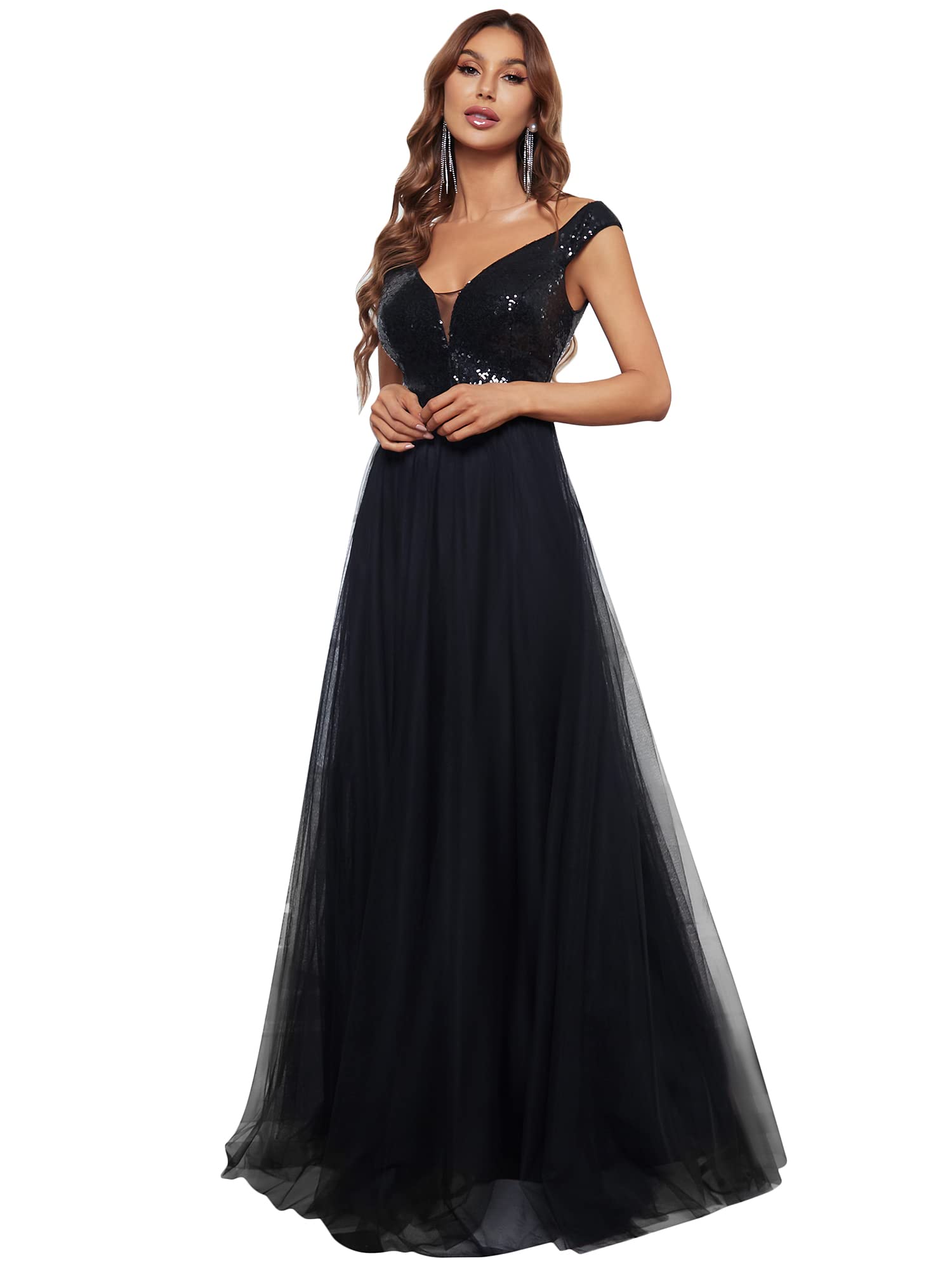 Ever-PrettyWomens V Neck Sequin Tulle A Line Evening Formal Dress 0277
