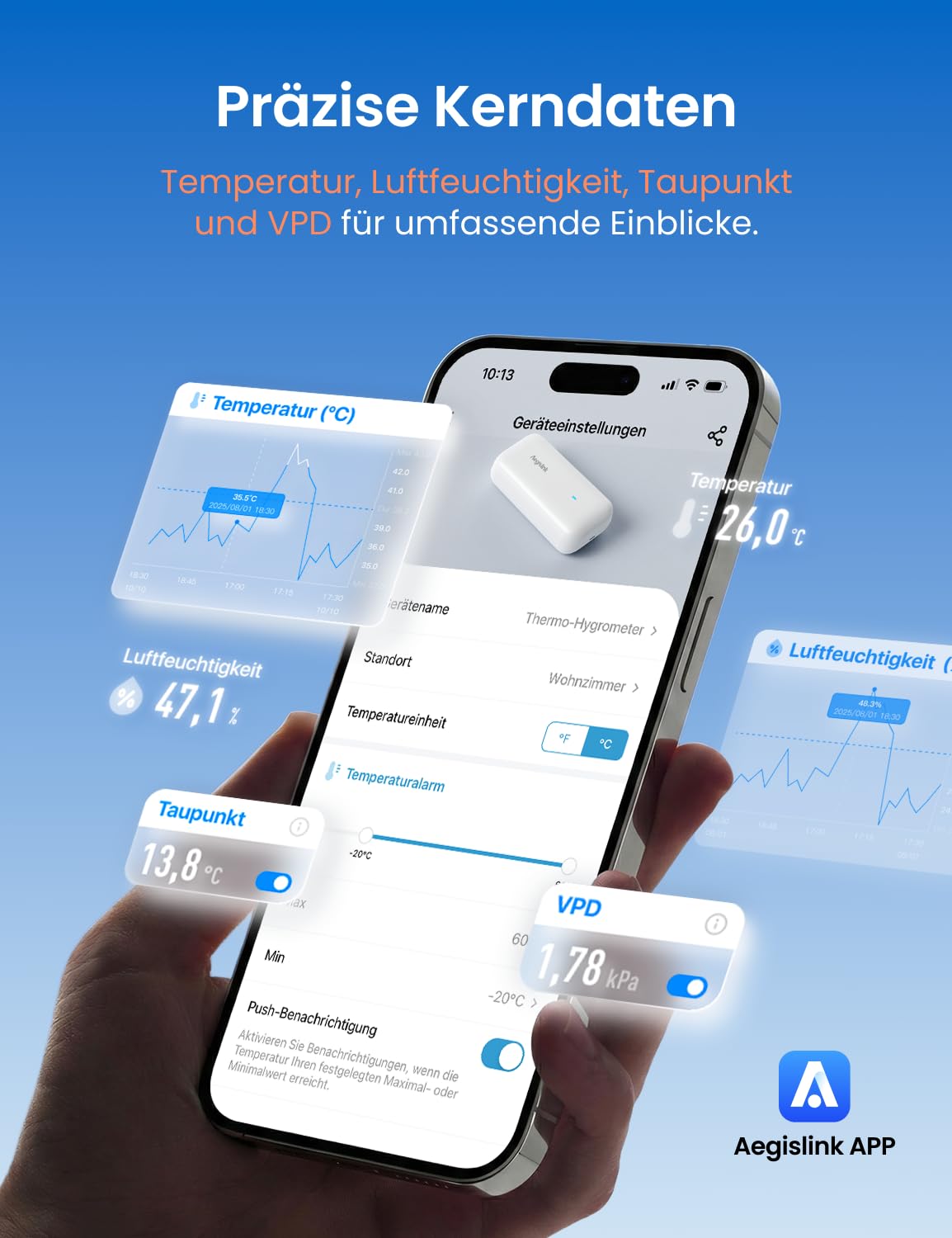 AEGISLINK WLAN Thermo-Hygrometer Innen, Smart Temperaturmonitor & Luftfeuchtigkeitssensor, App-Warnungen, Verlaufsdaten & Datenexport, Alexa-kompatibel, für ABSZ-Basisstation | Alexa-kompatibel, Smart Temperaturmonitor & Luftfeuchtigkeitssensor, Verlaufsd