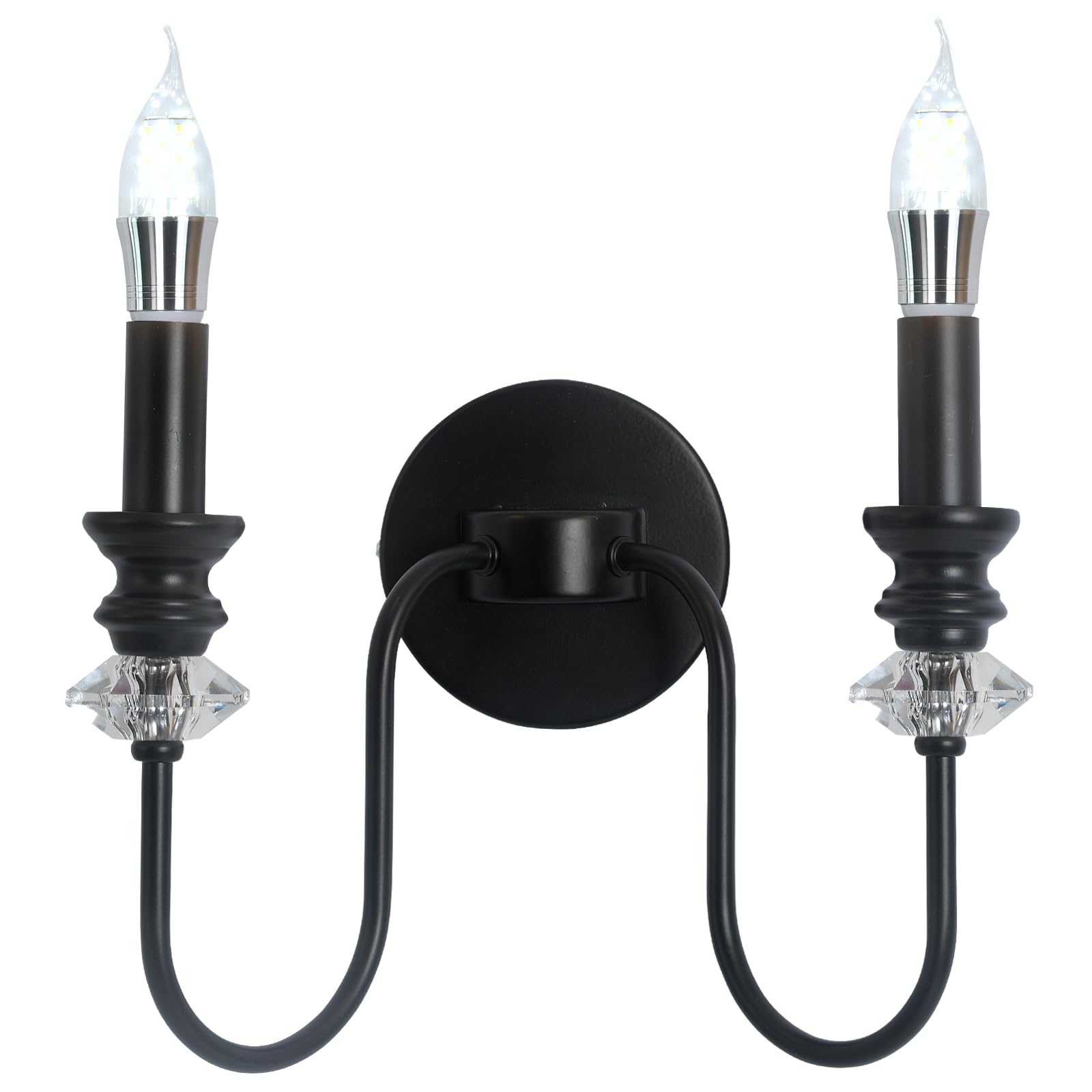 Vinilky Vintage Black Wall Light, Double E14 2 Bulb Wall Sconce, Iron Crystal Indoor Wall Lighting for Living Room, Kitchen Island, Dining Room, Bedroom, Hallway