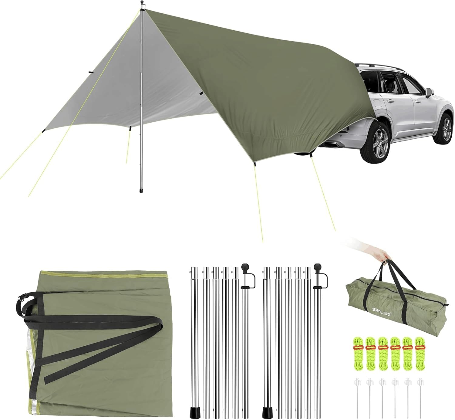 Tenda da Sole per Auto Impermeabile Antistrappo con Palo Regolabile per Camper Veranda