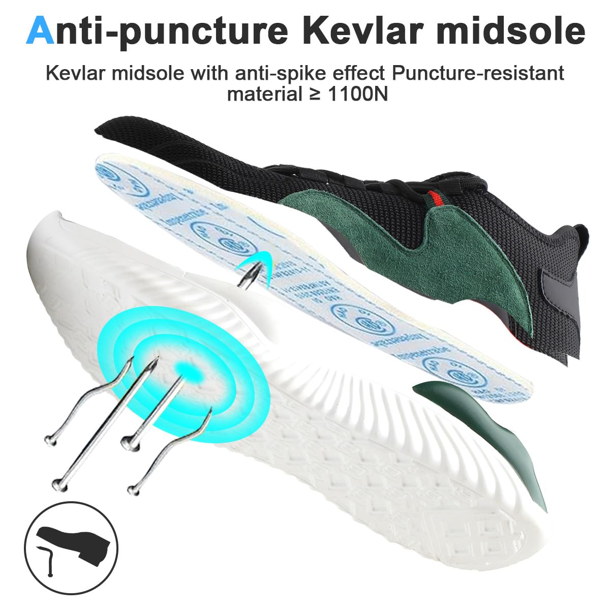 Męskie buty ochronne, damskie, buty robocze ze stalowym noskiem, lekkie, oddychające, stylowe, trekkingowe, czarny, zielony, 37 EU