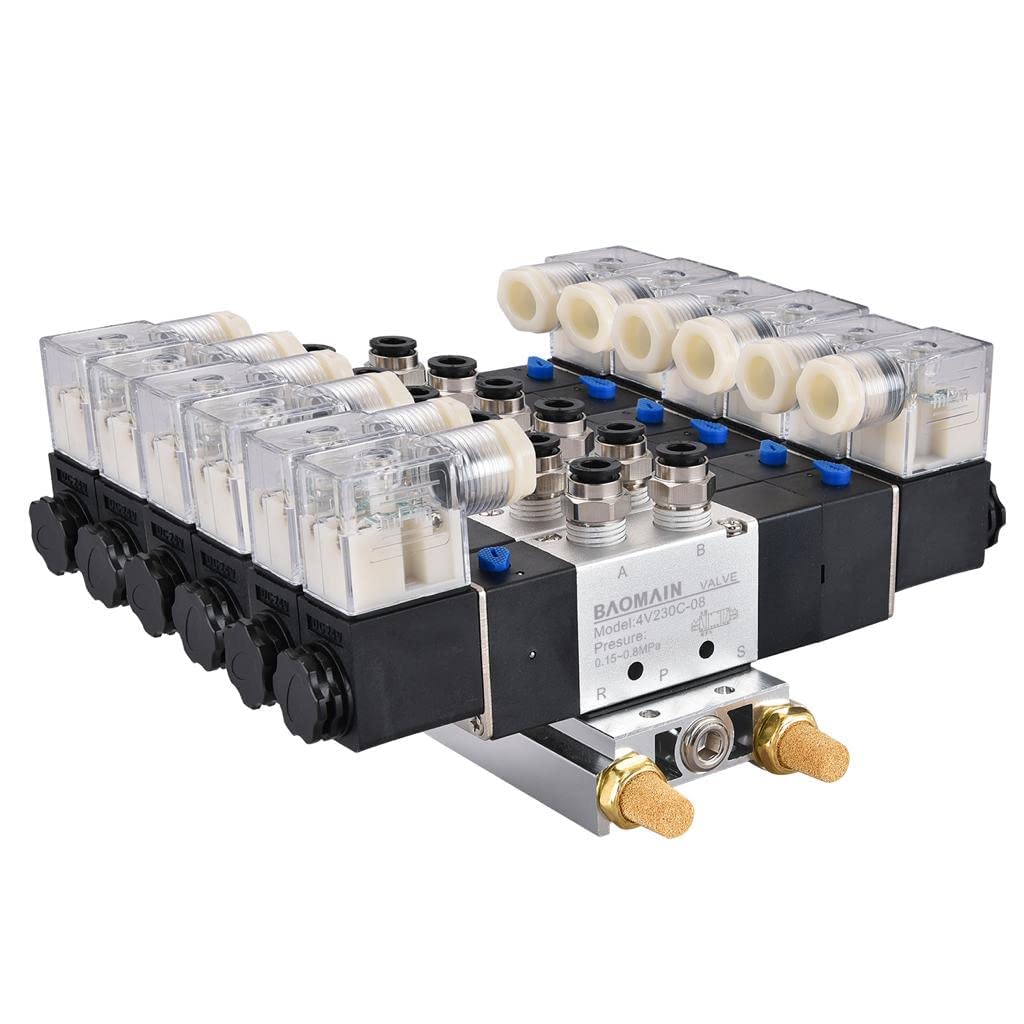 BAOMAIN Colector de 6 Estaciones con Electroválvulas Neumáticas 24V DC, Válvula de Aire 5/3 Vías 1/4" PT 4V230C-08, Kit Completo con Base y Silenciadores para Automatización Industrial