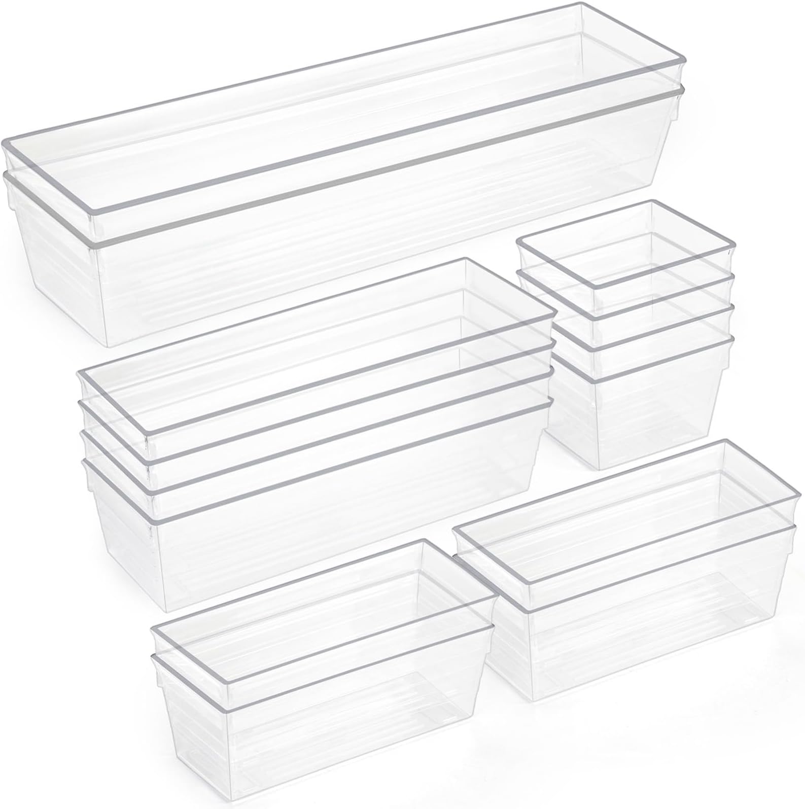 SKY-TOUCH 14pcs Clear Plastic Drawer Organizer,Drawer Organizer Trays,Desk Drawer Organizer Trays,4 Size Large Storage Organizer Divider Set for Fridge Organizer, Bathroom, Vanity Storage Bins,Office
