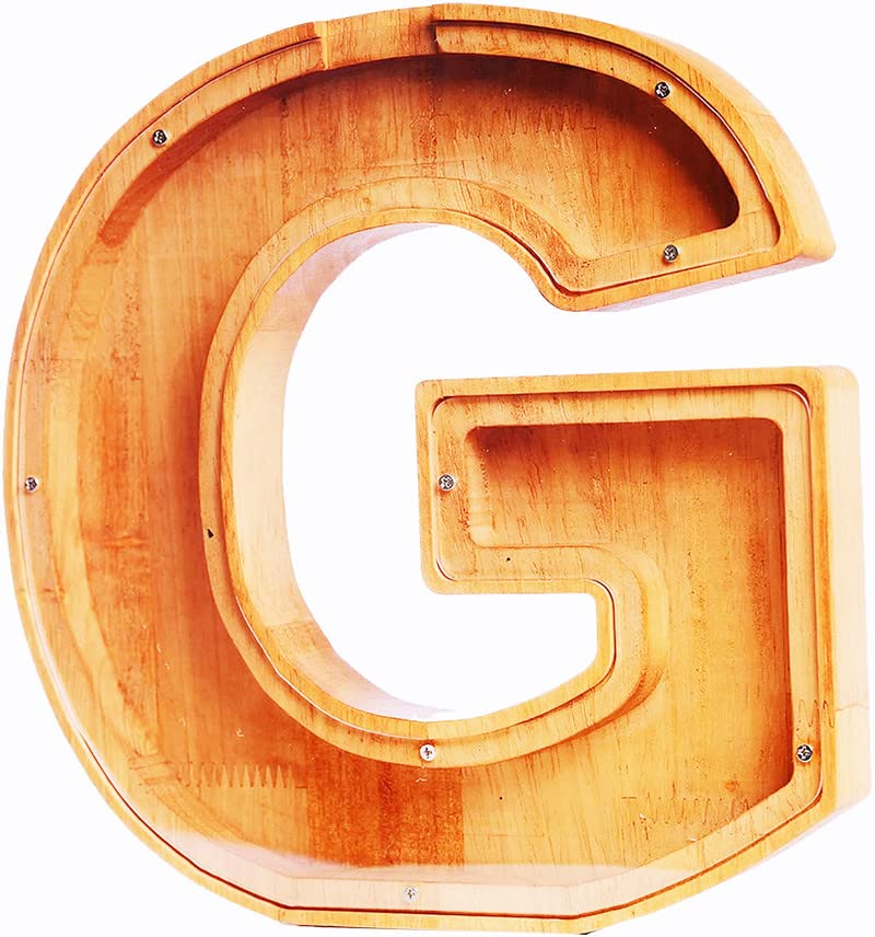 KENGEL 9 Inch 26 Wooden Letter Piggy Bank, Personalized Letter Kids Piggy Bank with Stickers, DIY Your Own Name, Piggy Bank for Kids, Adult Boys and Girls Birthday Gifts, Decorations, Souvenirs (G)